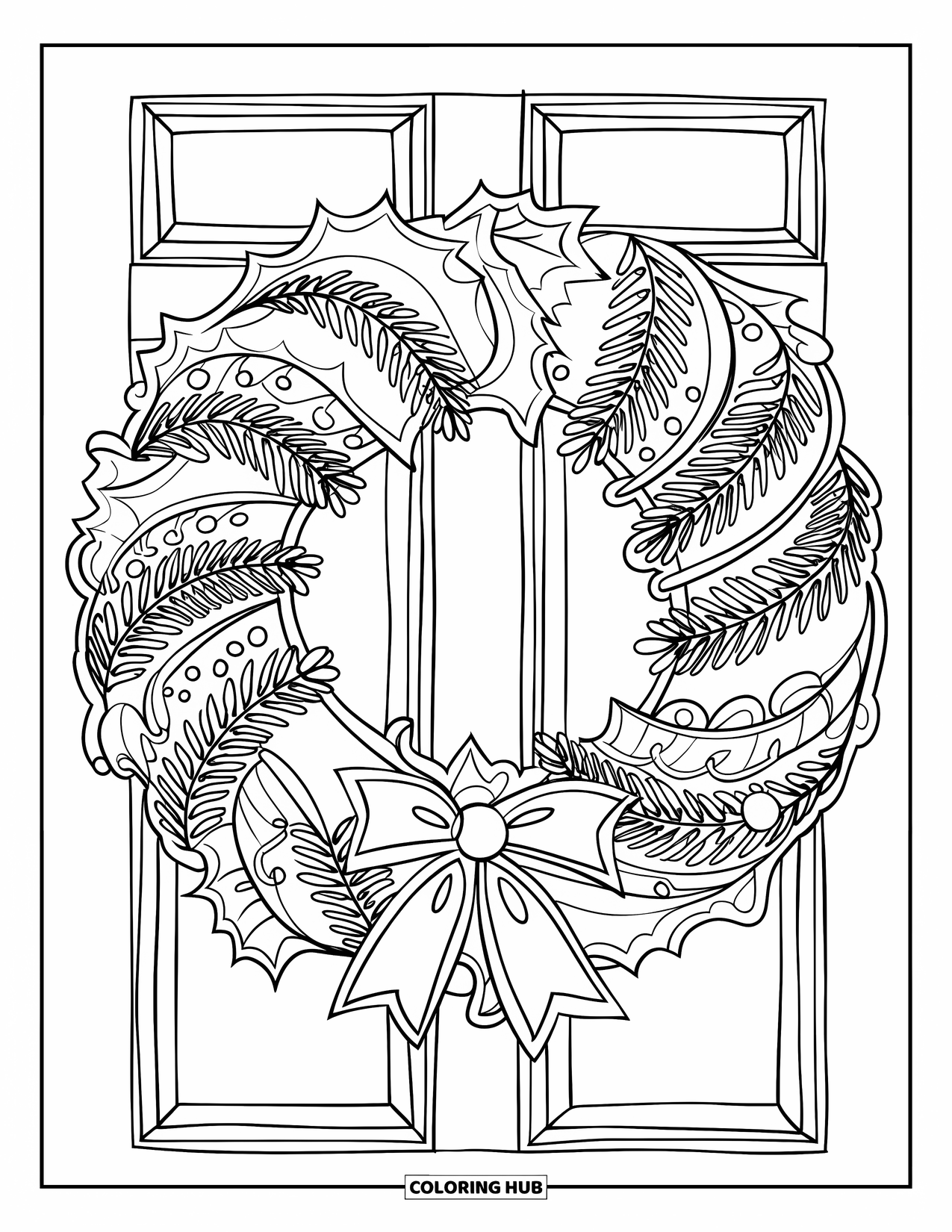 Christmas Wreath Coloring Page for Kids: A wreath with garlands, holly, and star details hangs on a plain door