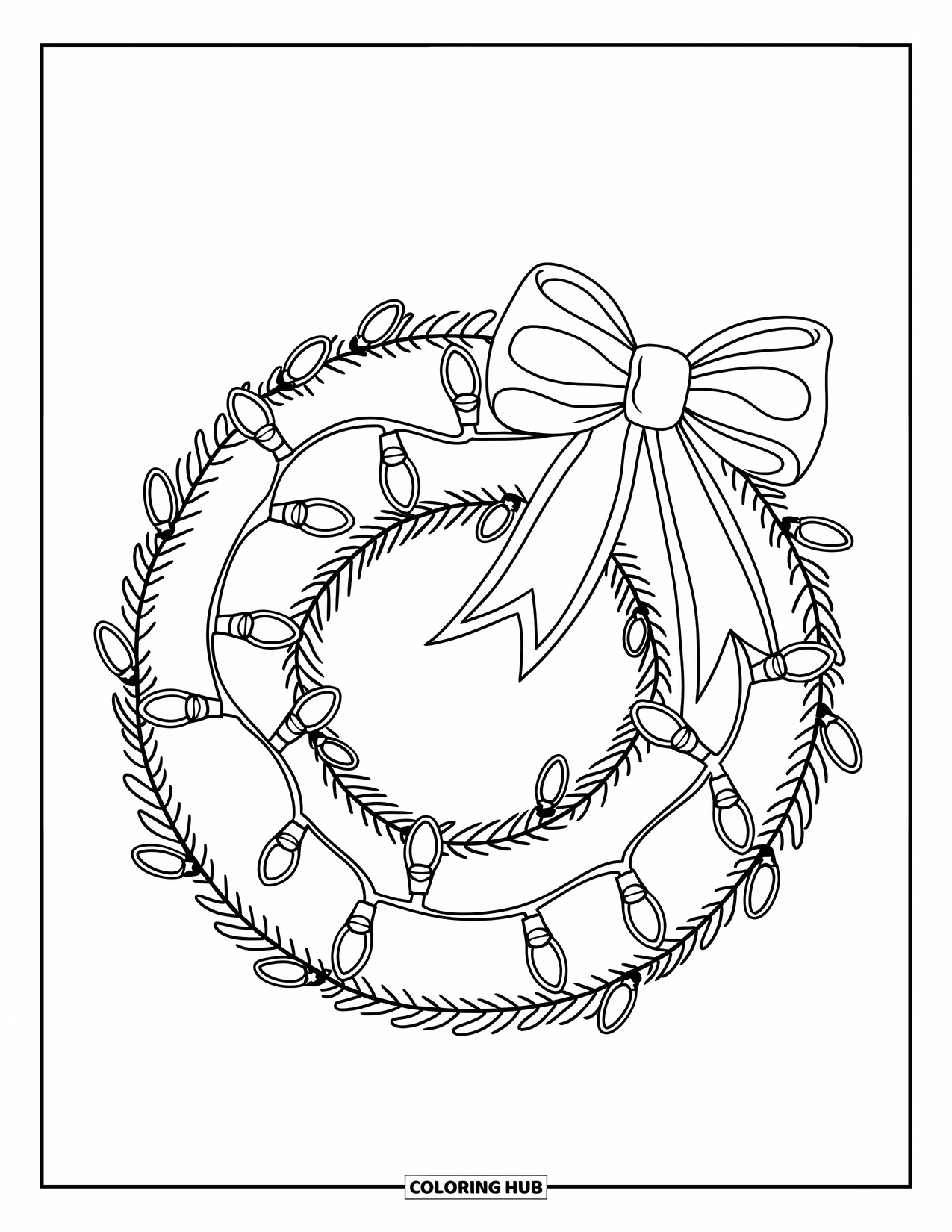 Christmas Wreath Coloring Page for Kids: A wreath with glowing lights and a bow rests on a simple white background