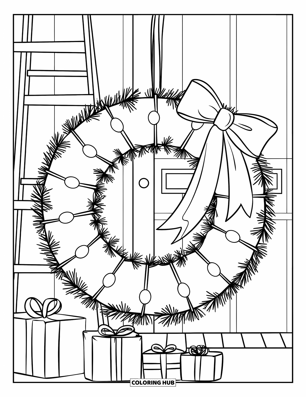 Christmas Wreath Coloring Page for Kids: A wreath with lights and a bow hangs above presents in a cozy room