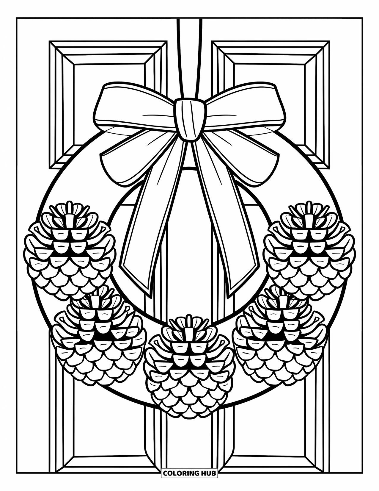 Christmas Wreath Coloring Page for Kids: A wreath with pinecones and a big ribbon hangs on a white door