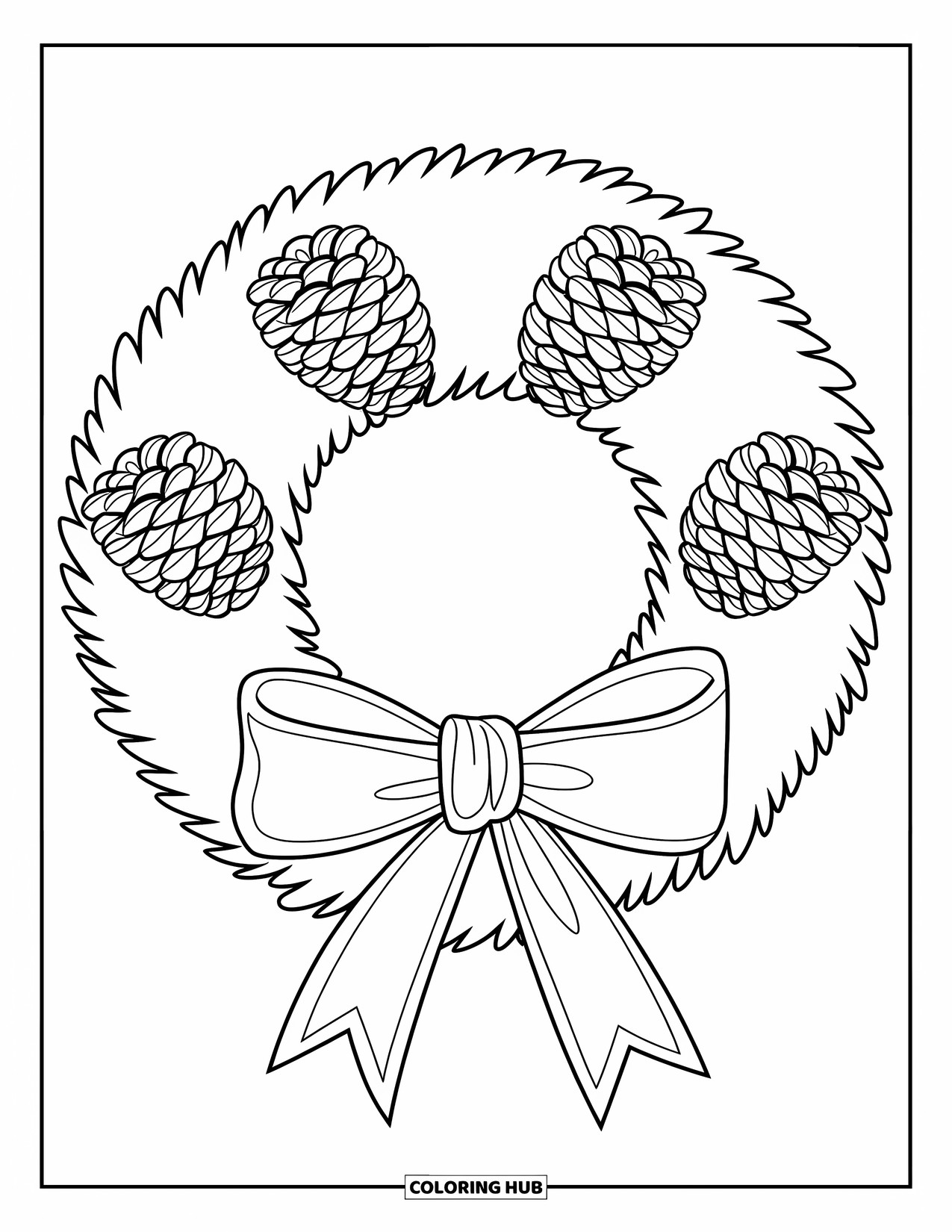 Christmas Wreath Coloring Page for Kids: A wreath with pinecones and a ribbon sits on a wall background