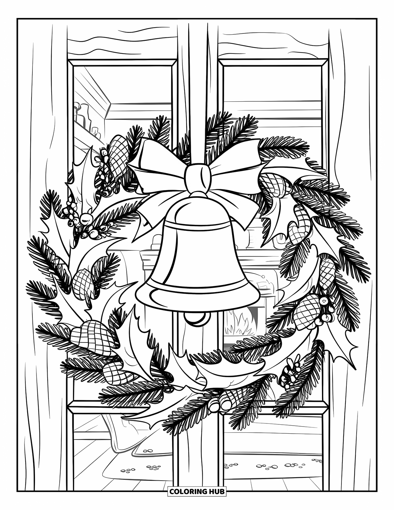 Christmas Wreath Coloring Page for Kids: A wreath with pinecones and holly leaves frames a bell on a door