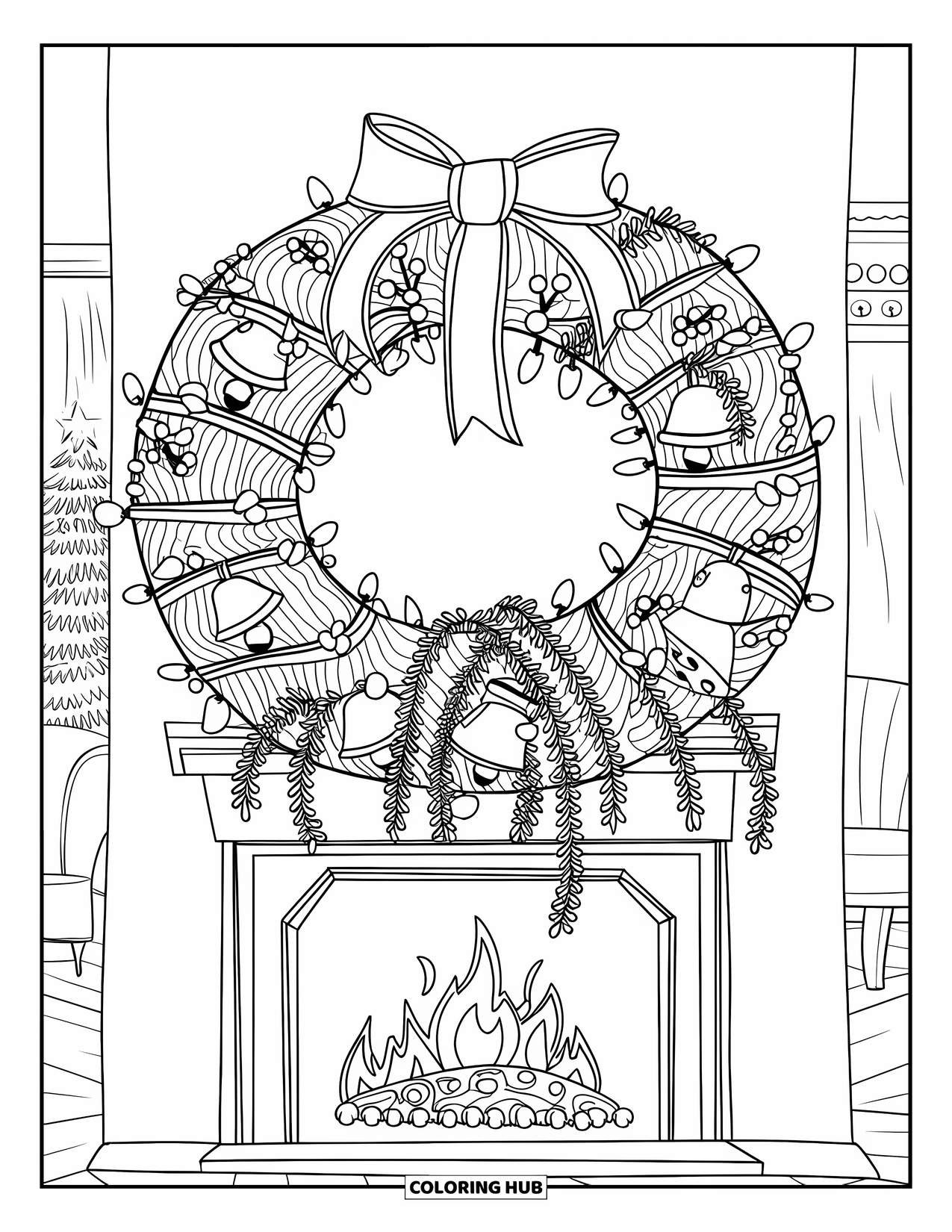 Christmas Wreath Coloring Page for Kids: A wreath with ribbons and lights hangs above a fireplace in a cozy room