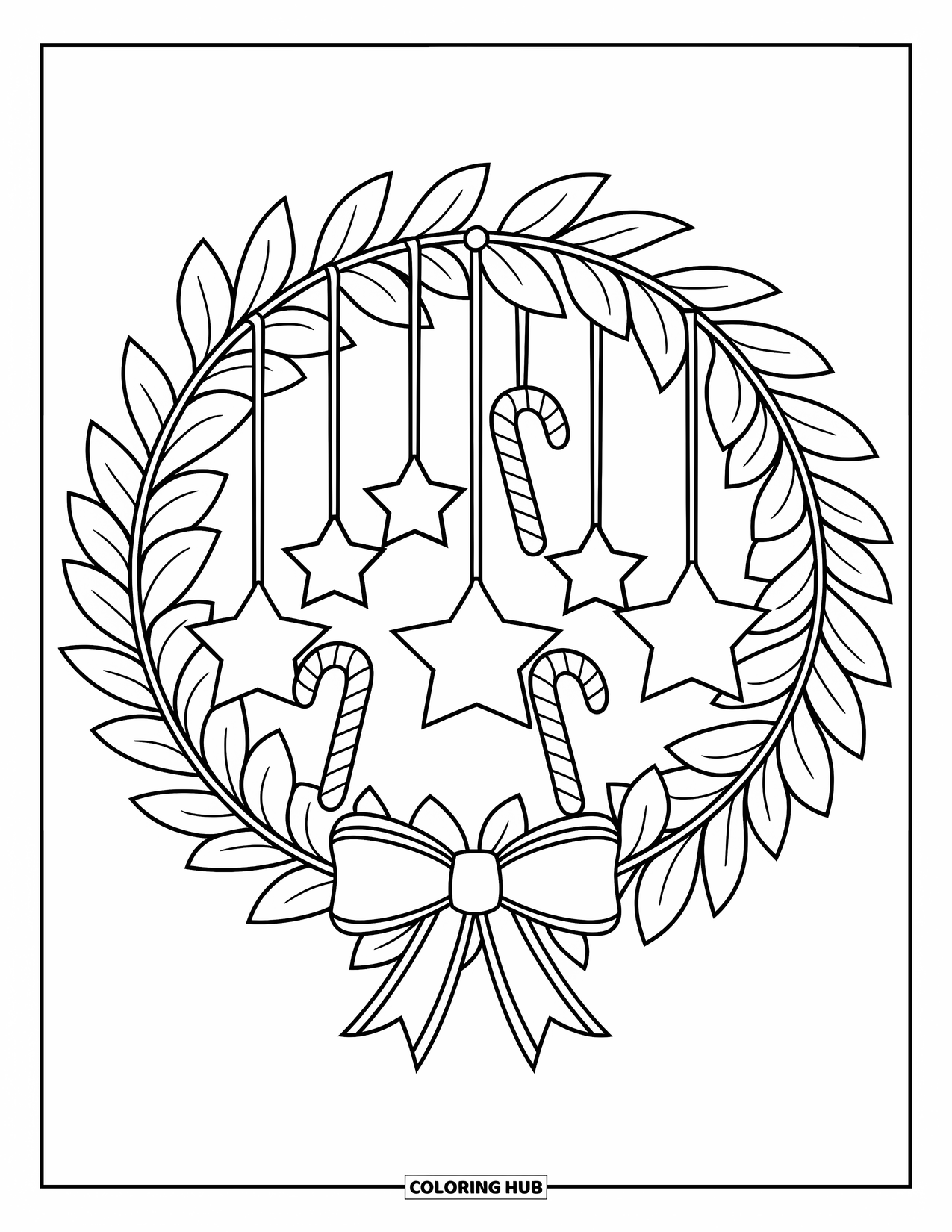 Christmas Wreath Coloring Page for Kids: A wreath with stars and candy canes hangs bold on a white background