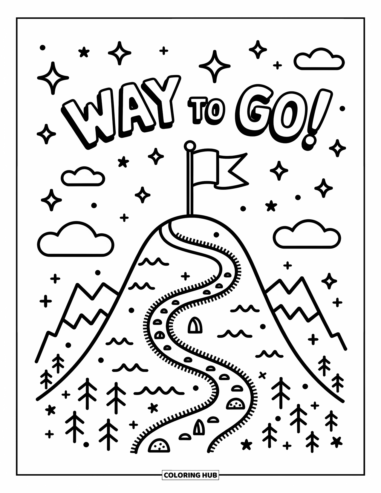 Congratulations Coloring Page for Adults: A flag waves on a round mountain peak with bold "Way to Go!" letters