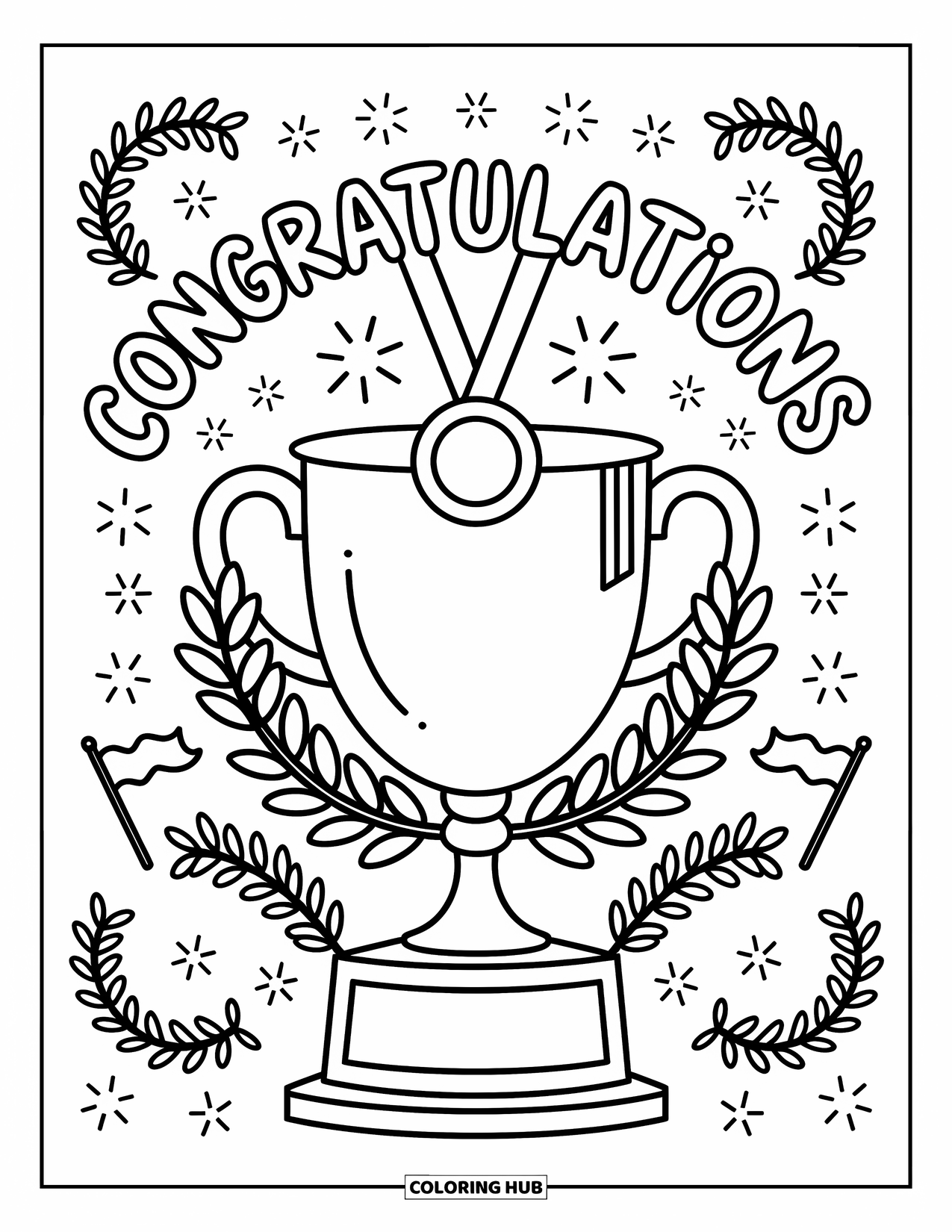 Congratulations Coloring Page for Adults: A proud trophy with mini flags and wreaths sits beneath "Congratulations" in balloon font