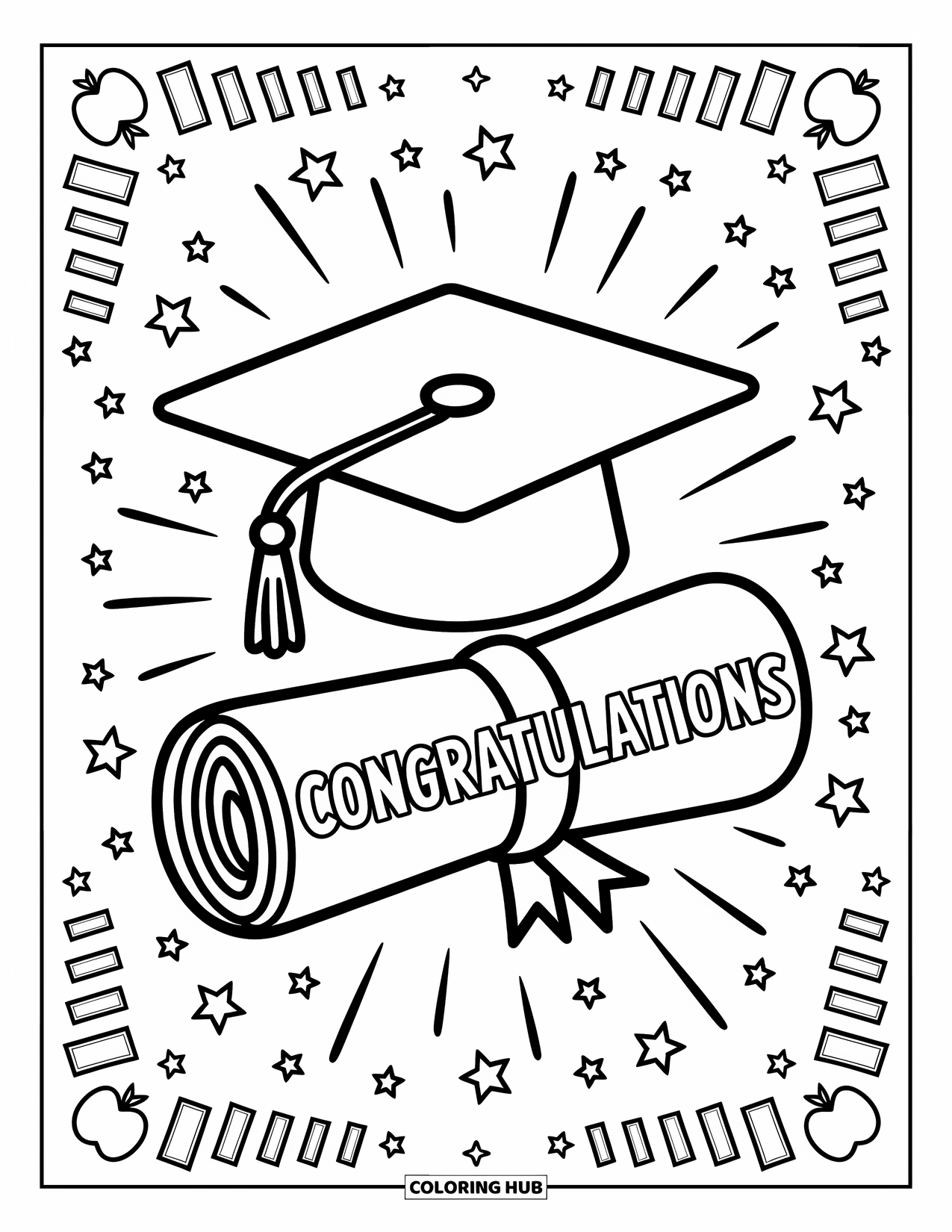 Congratulations Coloring Page for Adults: A tilted cap, diploma, and fun "Congratulations" message burst with confetti and sparkles