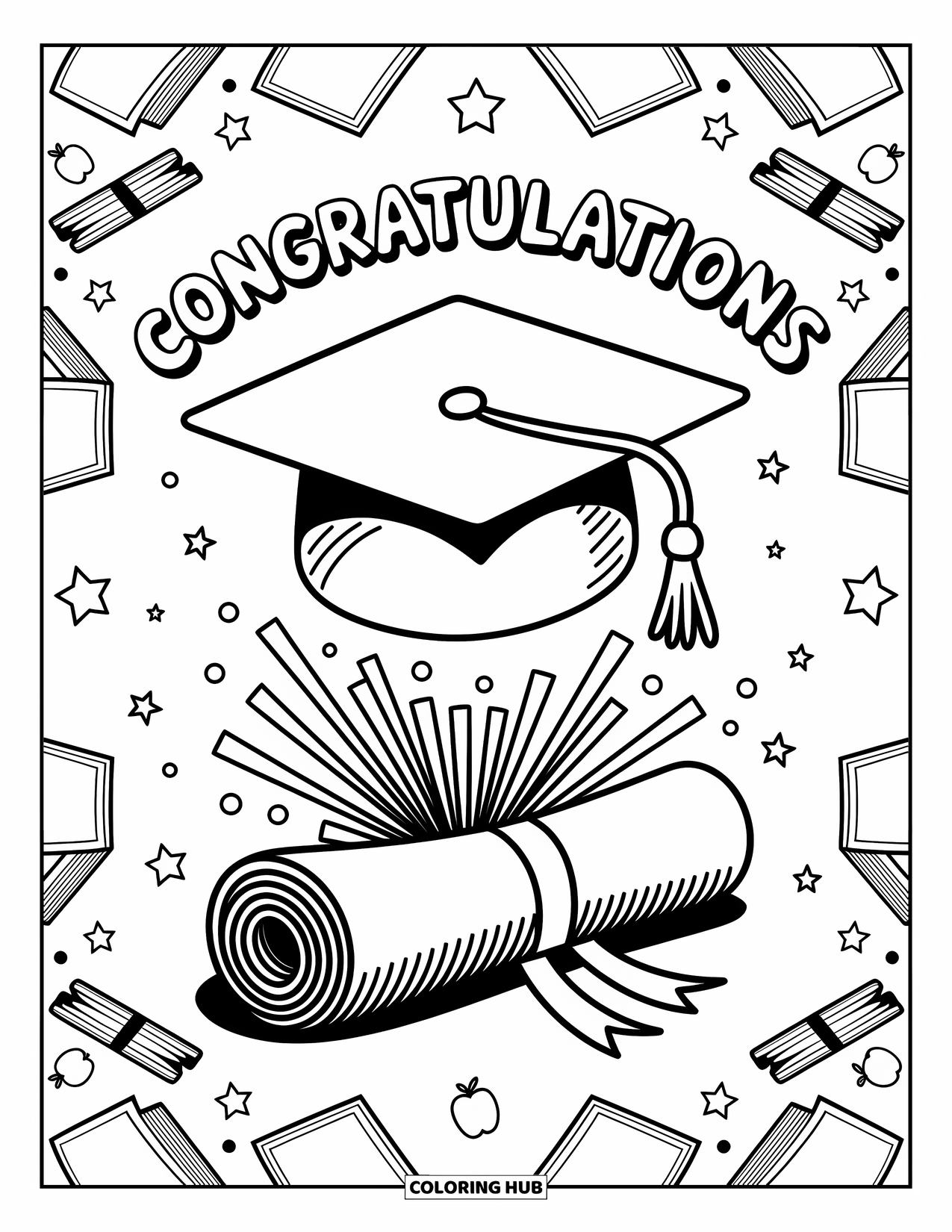 Congratulations Coloring Page for Adults: Cap and diploma celebrate with streamers, stars, and a big "Congratulations" message