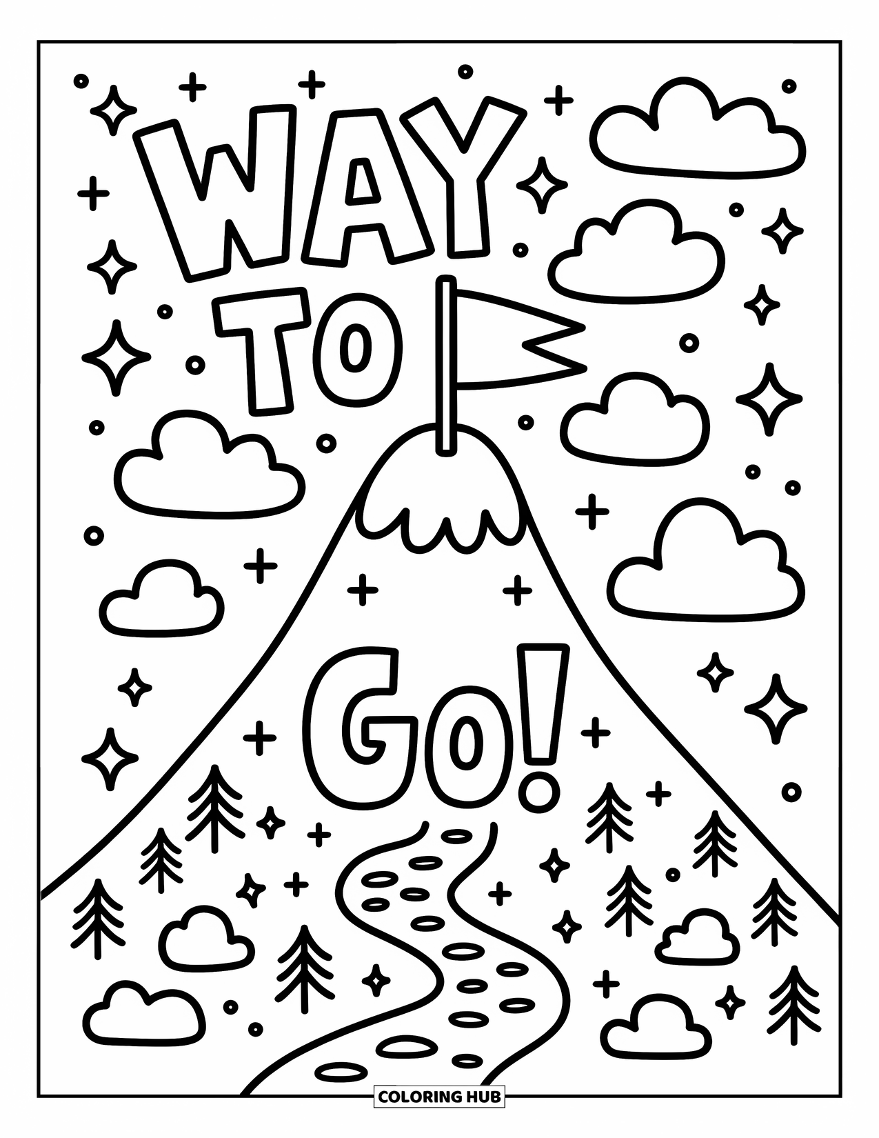 Congratulations Coloring Page for Adults: Cheerful flag stands on a mountain with puffy clouds and "Way to Go!" text