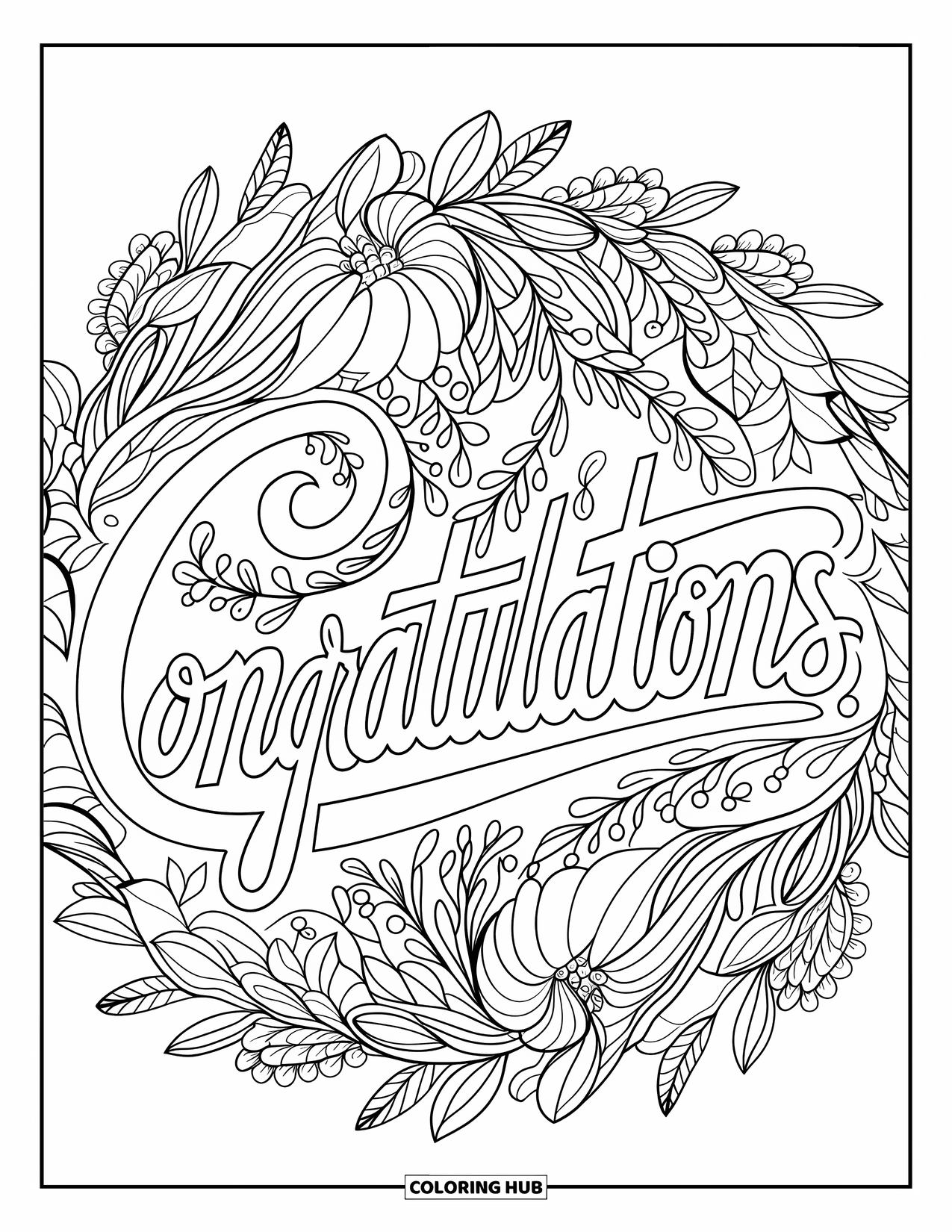 Congratulations Coloring Page for Adults: Cursive "Congratulations" weaves through a botanical mandala of flowers and leaves