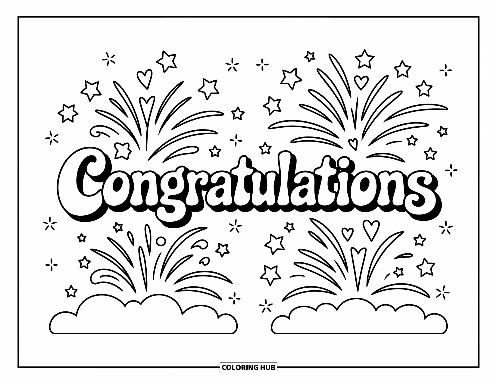 Congratulations Coloring Page for Adults: Fireworks, hearts, and stars burst around a bubbly "Congratulations" above soft clouds