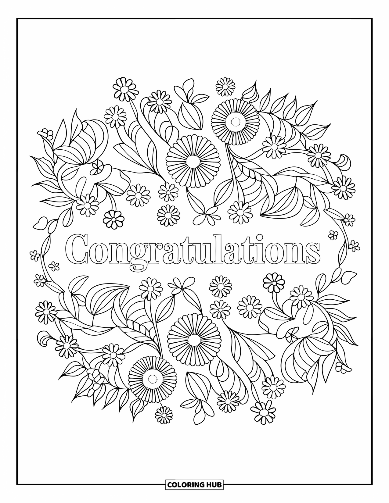 Congratulations Coloring Page for Adults: Floral mandala filled with flowers and leaves, with "Congratulations" in the middle