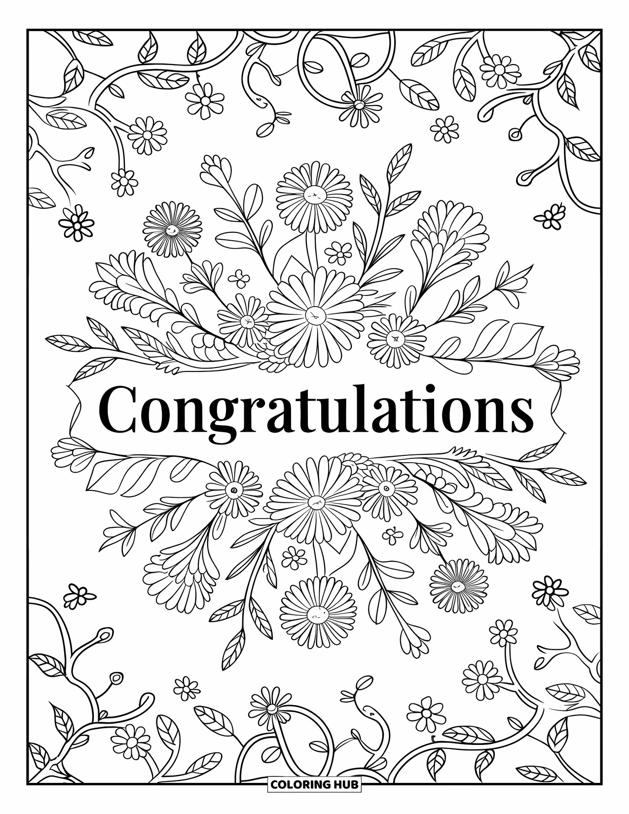 Congratulations Coloring Page for Adults: Floral mandala surrounds serif-style "Congratulations" with a vine-filled background
