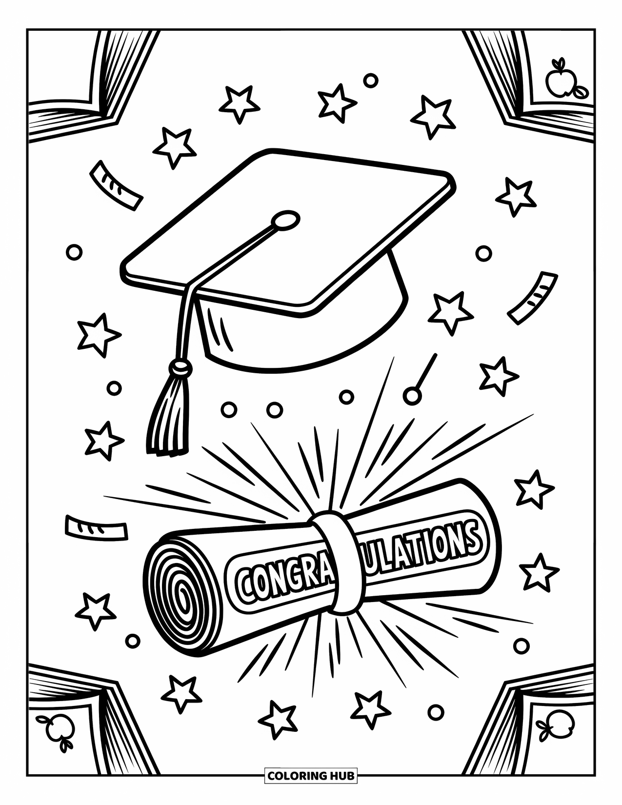 Congratulations Coloring Page for Adults: Graduation cap and rolled certificate sit under a joyful "Congratulations" with streamers and stars