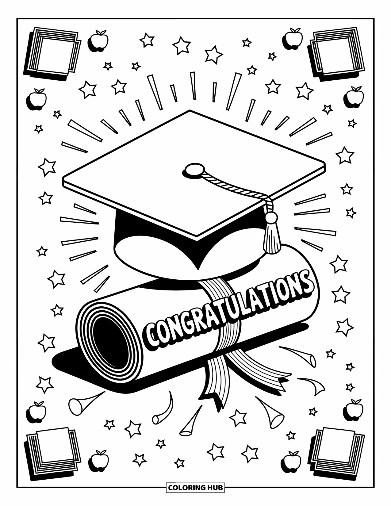 Congratulations Coloring Page for Adults: Graduation cap and rolled scroll with "Congratulations" shine with floating stars and books