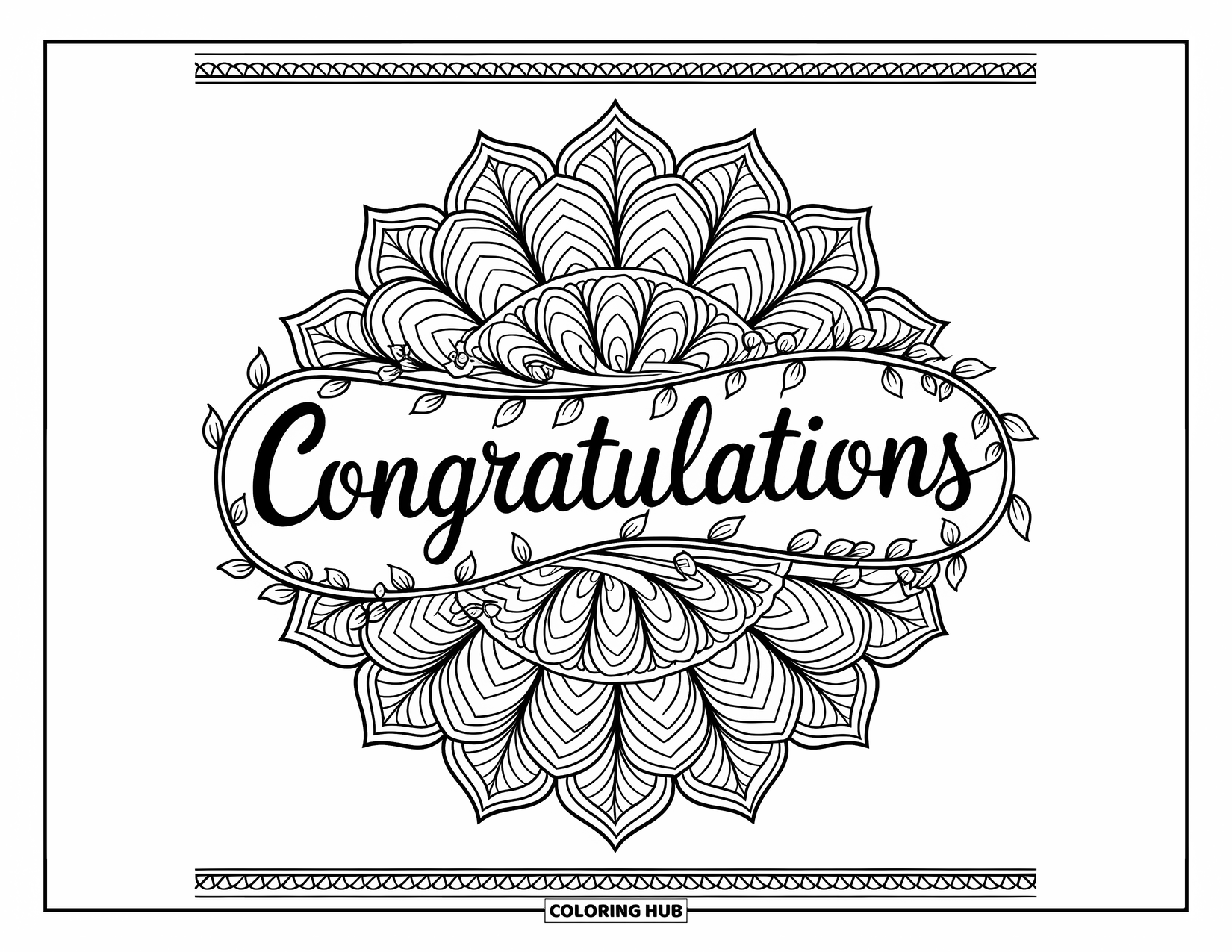 Congratulations Coloring Page for Adults: Layered leafy mandala with vines and a border surrounding "Congratulations"