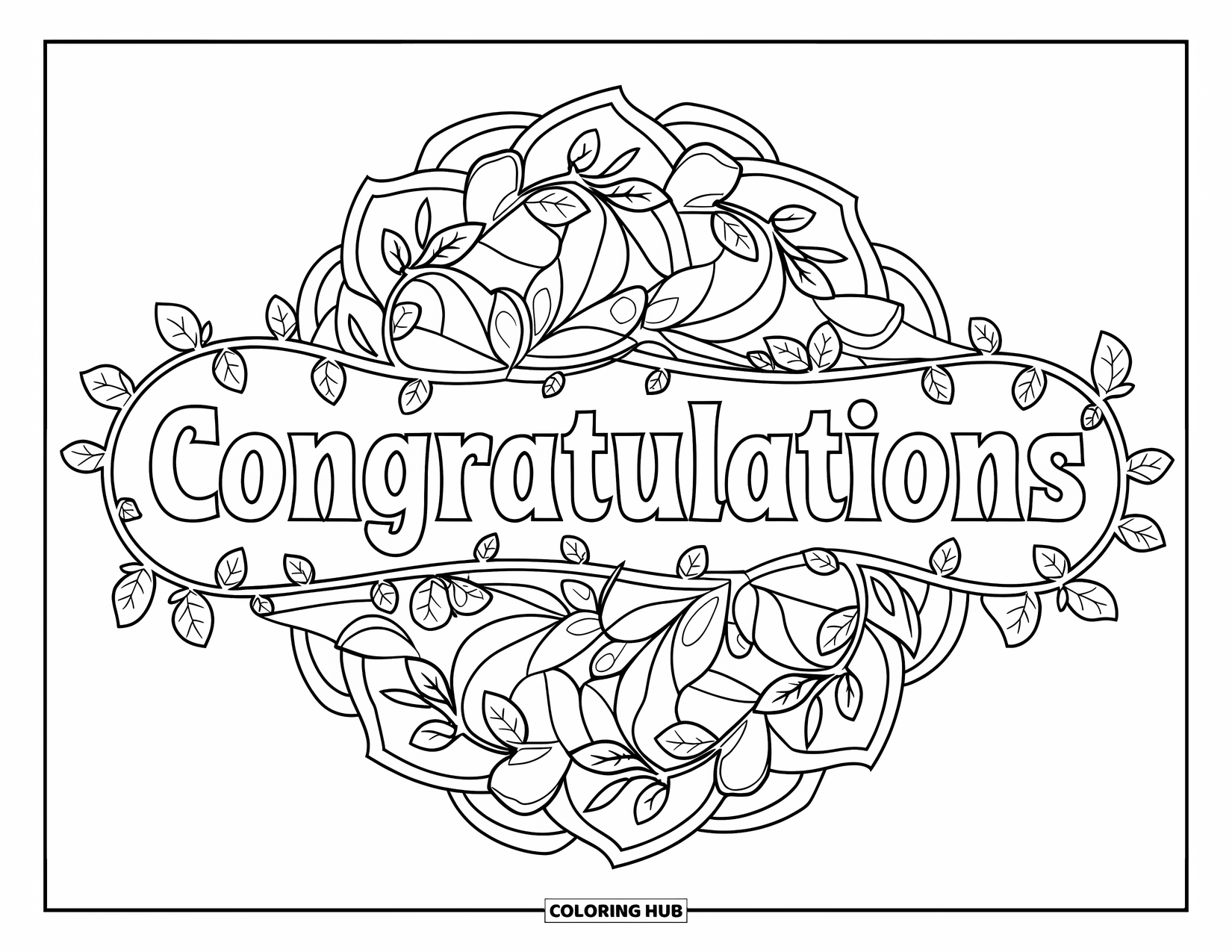 Congratulations Coloring Page for Adults: Leafy mandala with vines circles "Congratulations" in a lovely decorative font