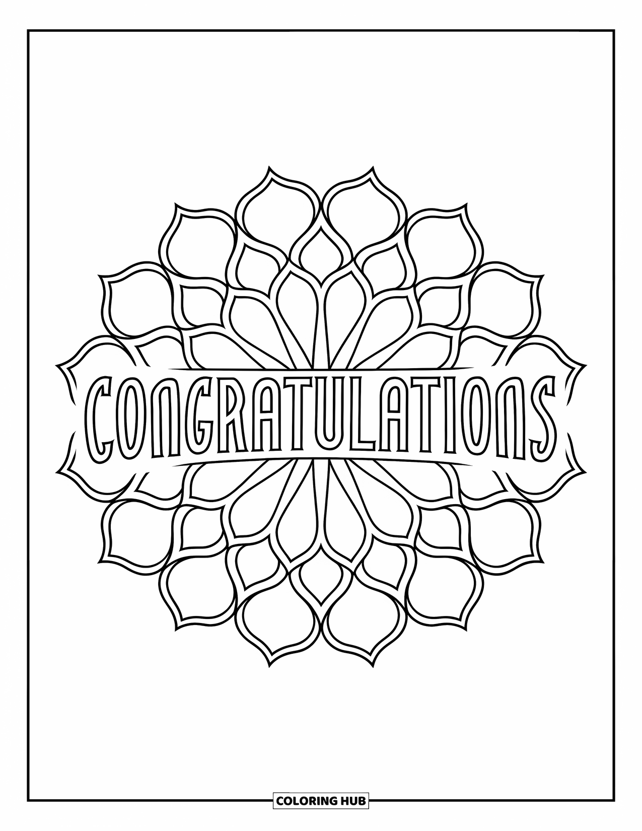 Congratulations Coloring Page for Adults: Petal mandala with flowing "Congratulations" arched across the center