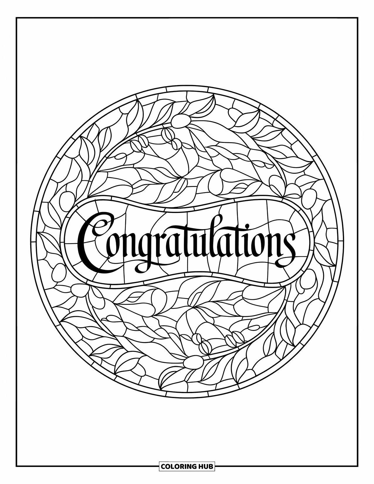 Congratulations Coloring Page for Adults: Round leafy stained glass design with a central "Congratulations" in calligraphy