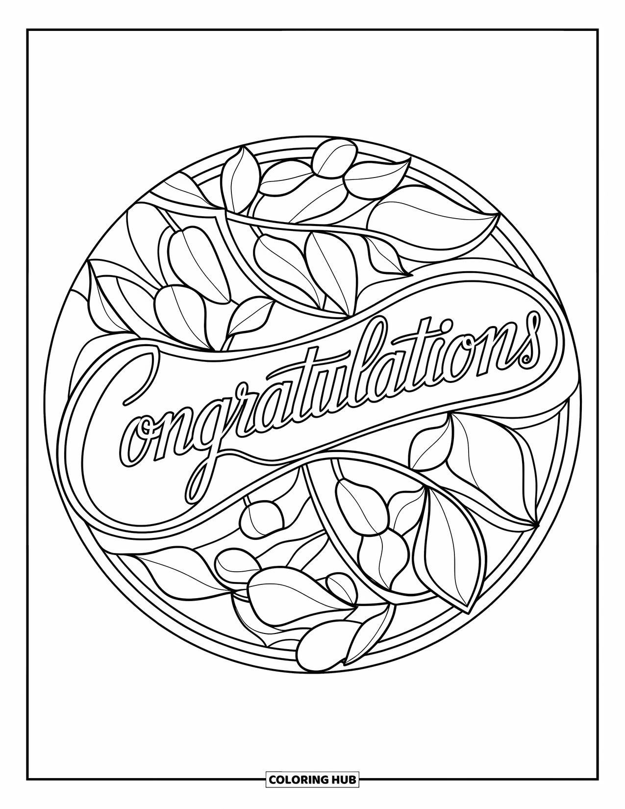 Congratulations Coloring Page for Adults: Round stained glass design with leaves and buds around calligraphy "Congratulations"