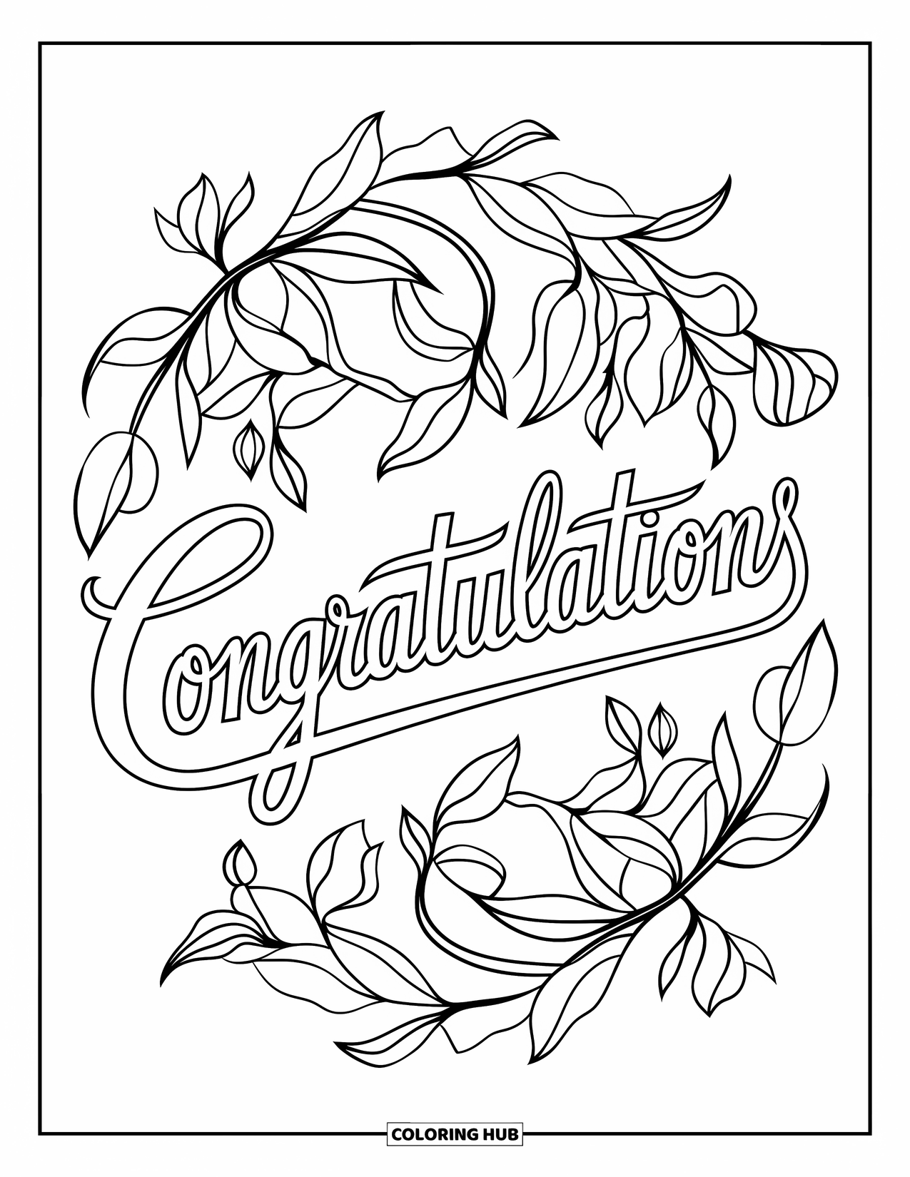 Congratulations Coloring Page for Adults: Stained glass leaves and buds encircle a calligraphy-style "Congratulations"
