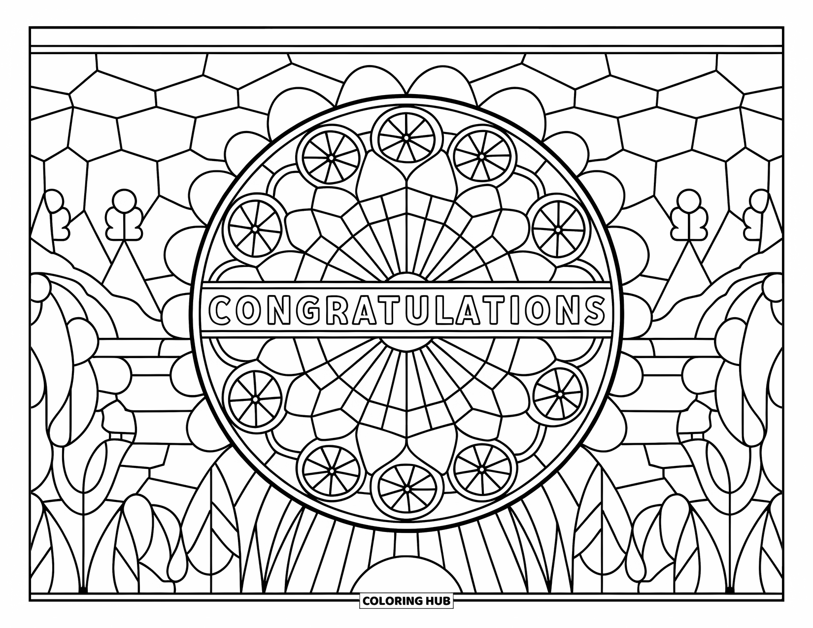 Congratulations Coloring Page for Adults: Stained glass rose window with "Congratulations" and mountain, trees, and water in the distance