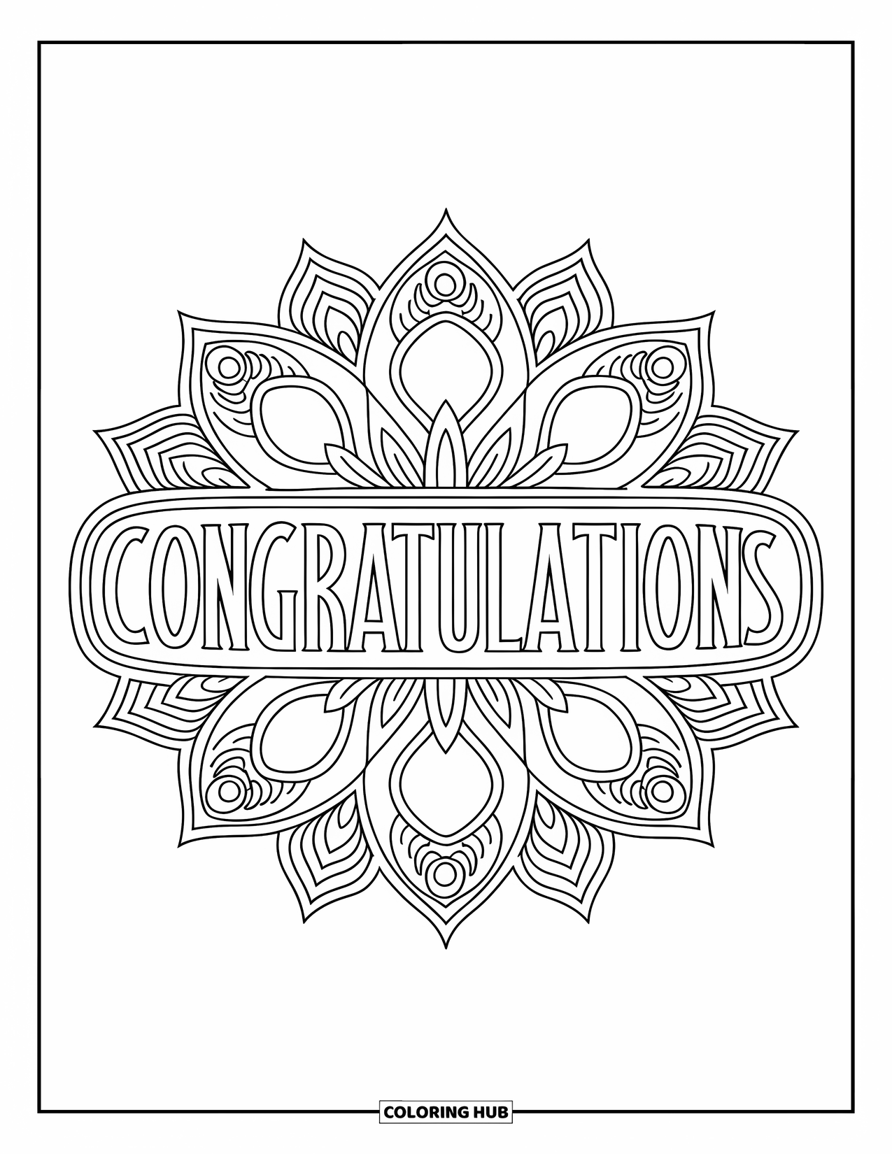 Congratulations Coloring Page for Adults: Symmetrical mandala filled with patterns and "Congratulations" across the middle