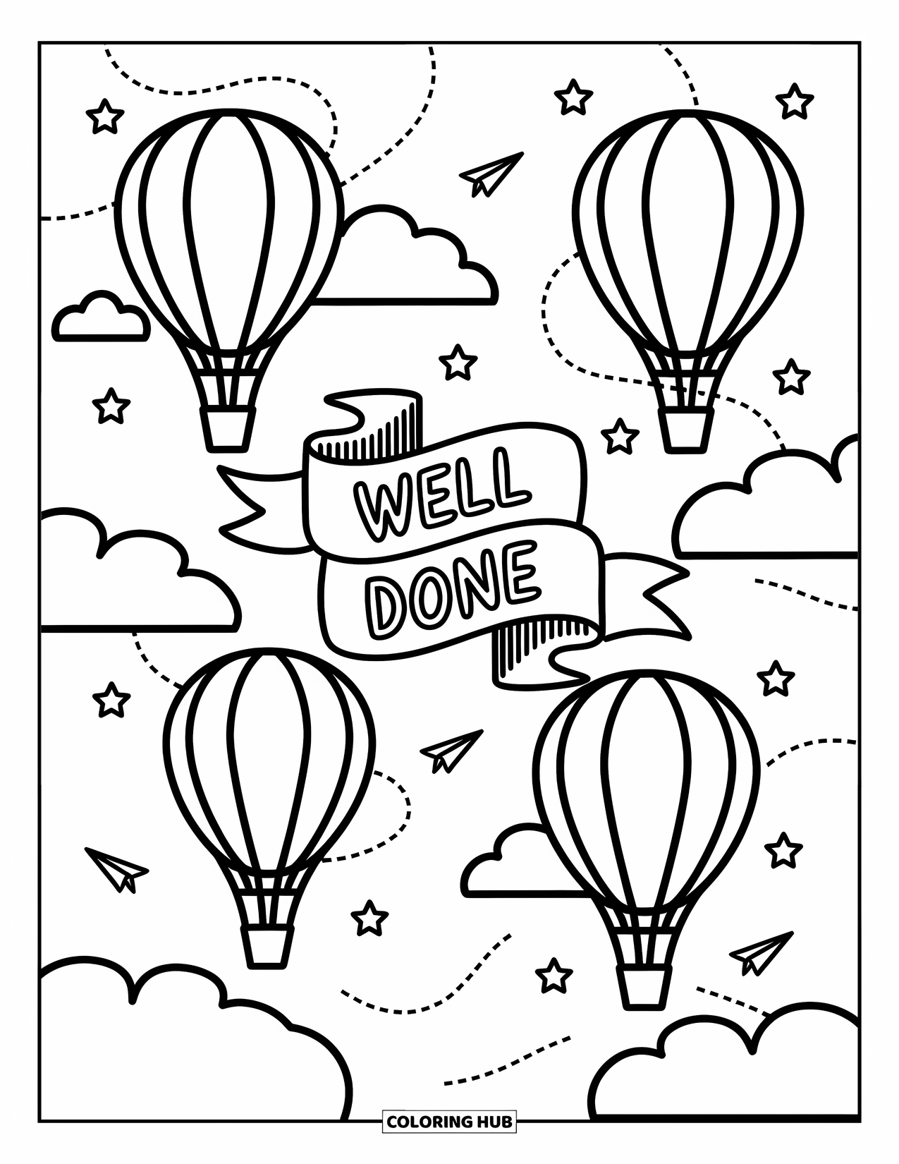 Congratulations Coloring Page for Adults: Three balloons drift through clouds with a ribbon saying "Well Done" and twinkling stars