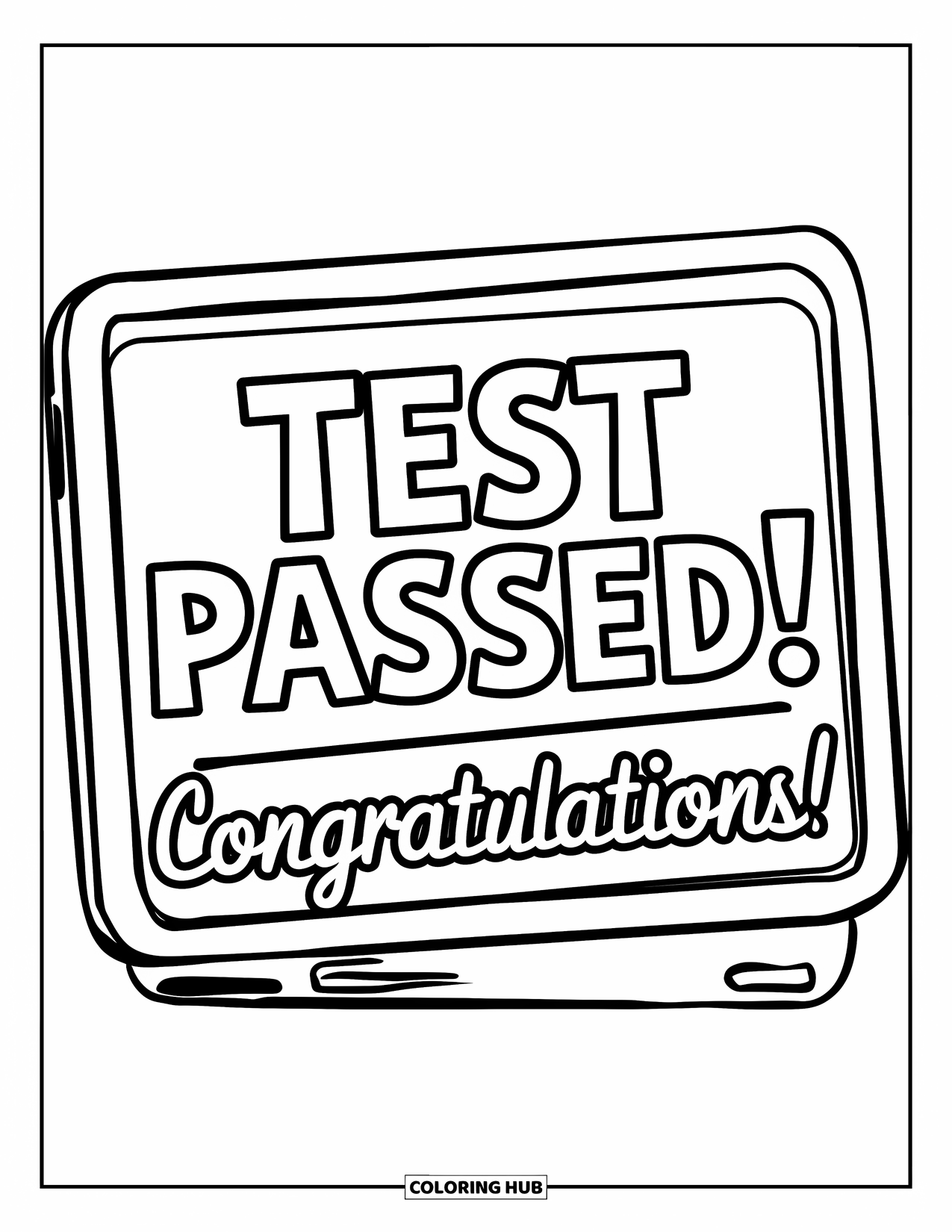 Congratulations Coloring Page for Kids: A computer screen says "Test Passed! Congratulations!" in a cheerful modern workspace