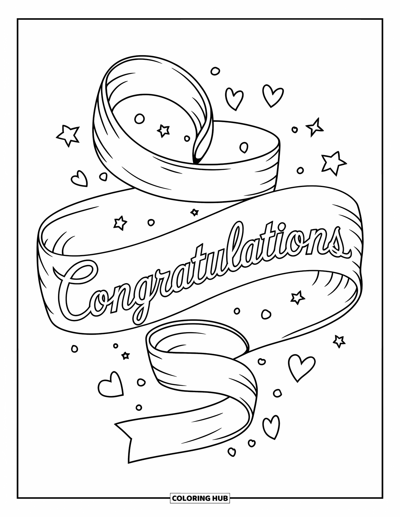 Congratulations Coloring Page for Kids: A floating ribbon curls into the word Congratulations with stars and confetti around