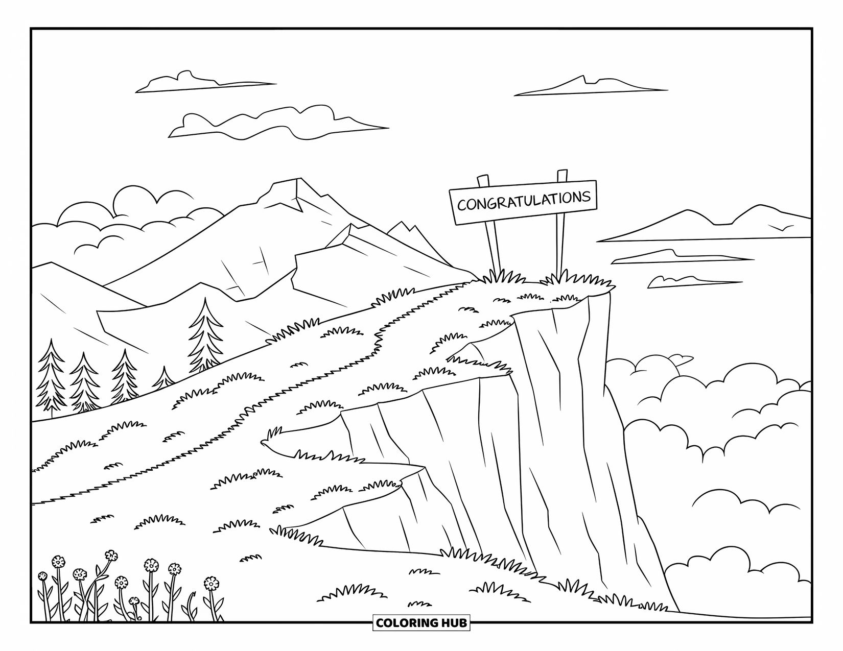 Congratulations Coloring Page for Kids: A happy Congratulations sign marks the top of a mountain surrounded by trees and clouds