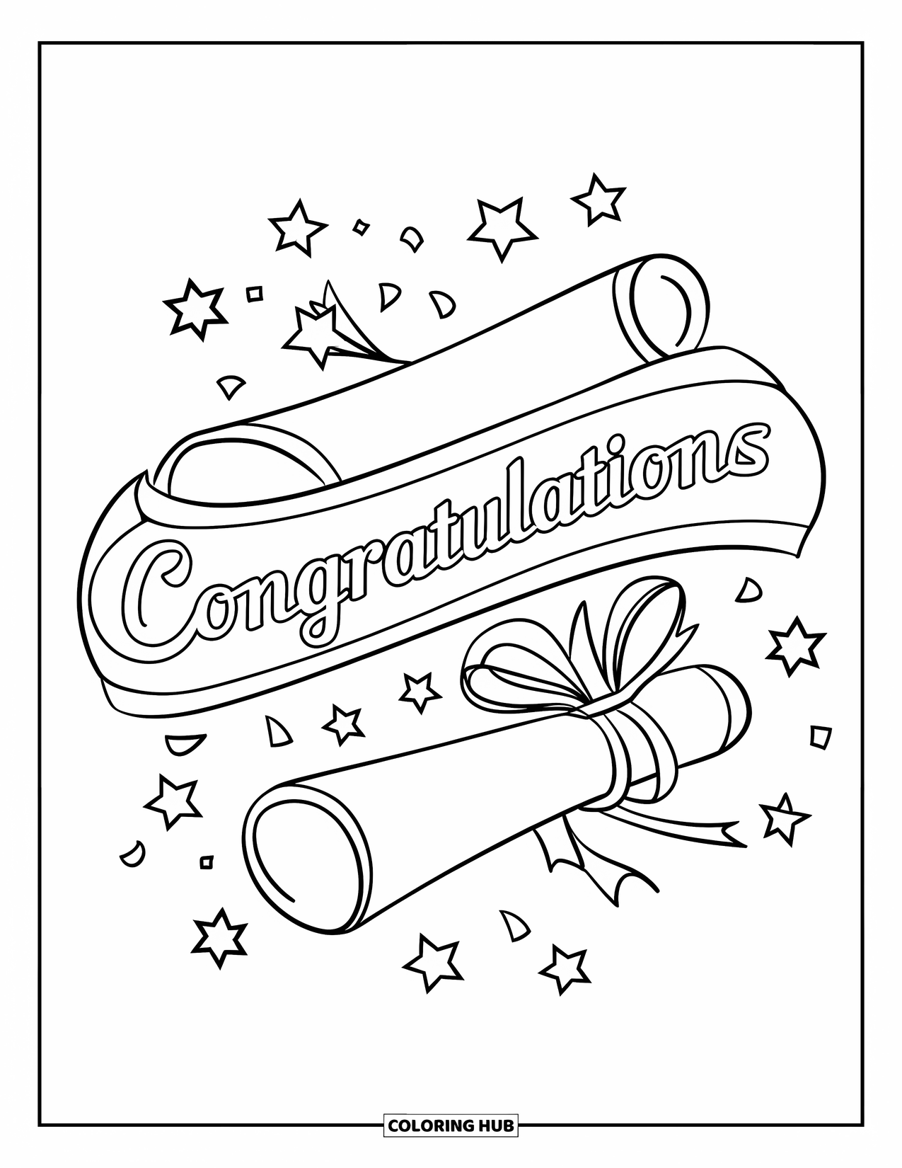 Congratulations Coloring Page for Kids: A ribbon-tied scroll says Congratulations with stars sparkling around it