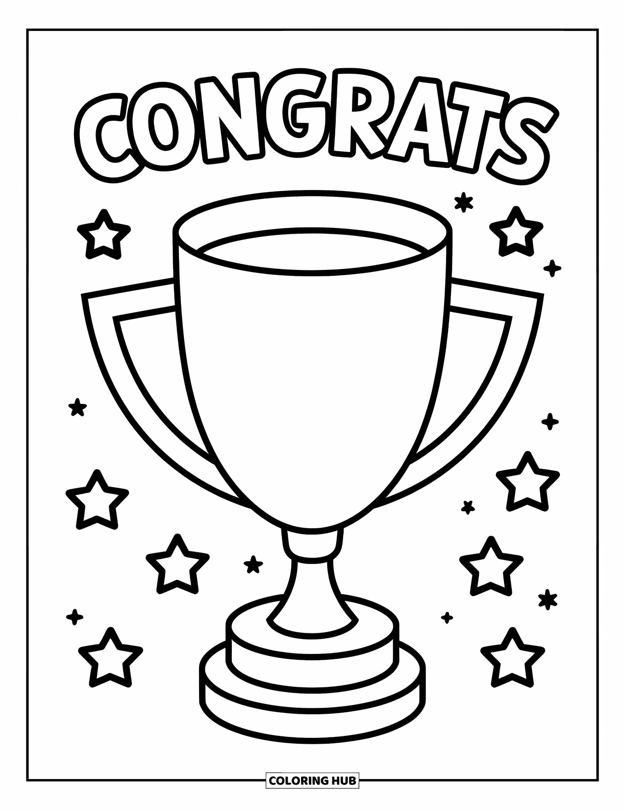 Congratulations Coloring Page for Kids: Big trophy with Congrats above and stars floating around
