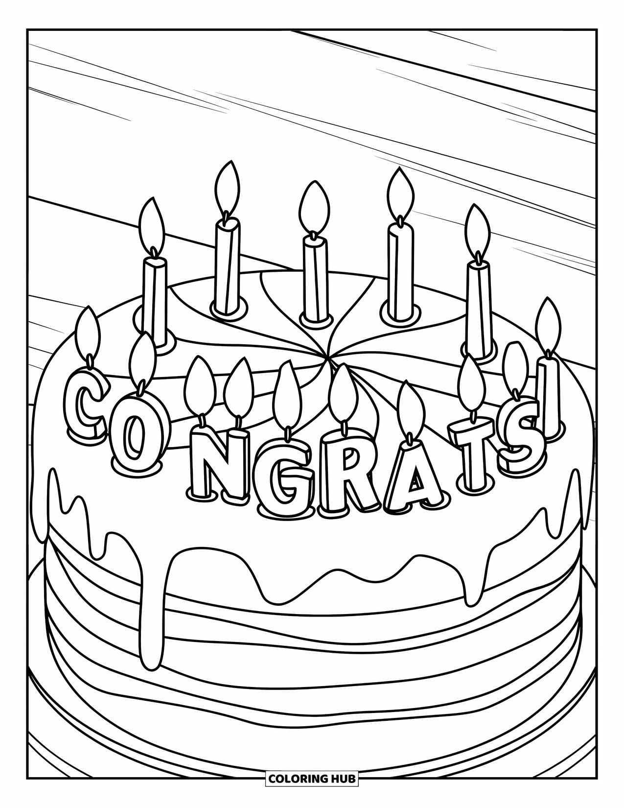 Congratulations Coloring Page for Kids: Cake with swirls and Congrats candles is ready for a celebration