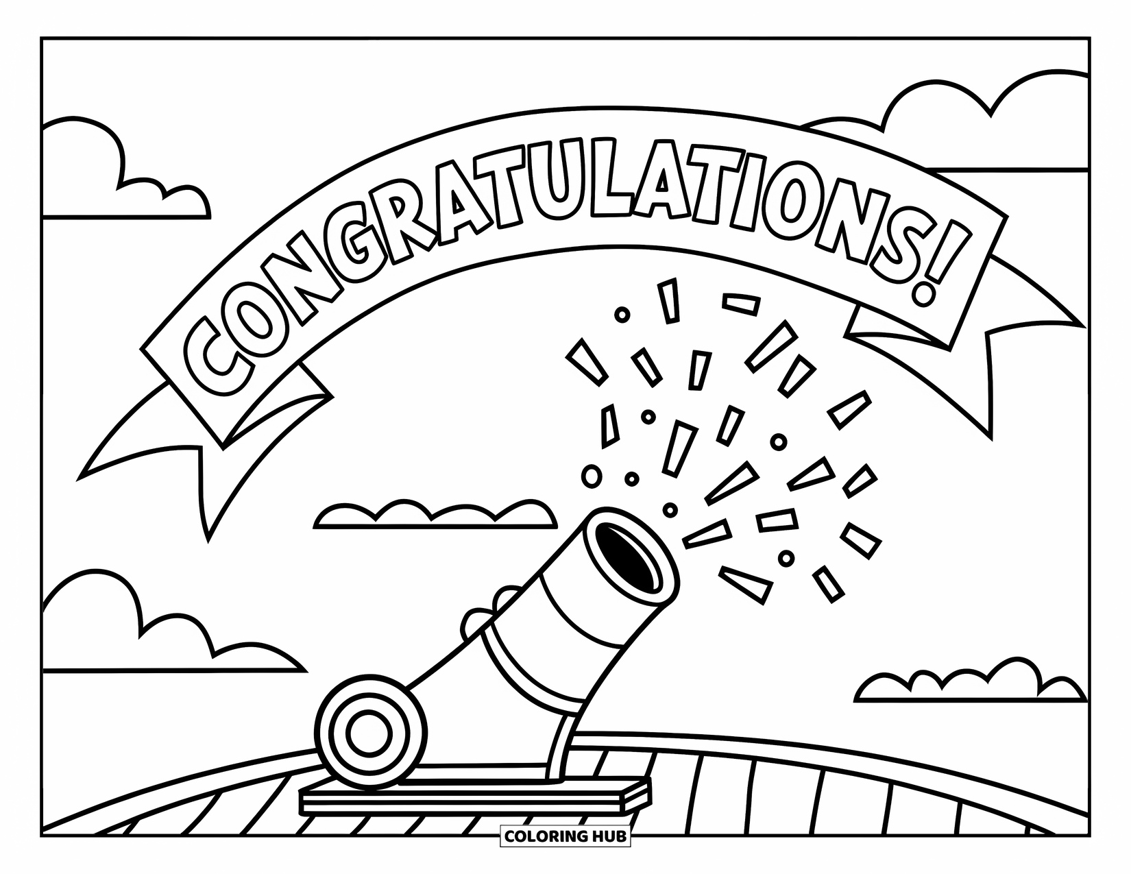 Congratulations Coloring Page for Kids: Cannon shoots colorful shapes and the word Congratulations into the sky