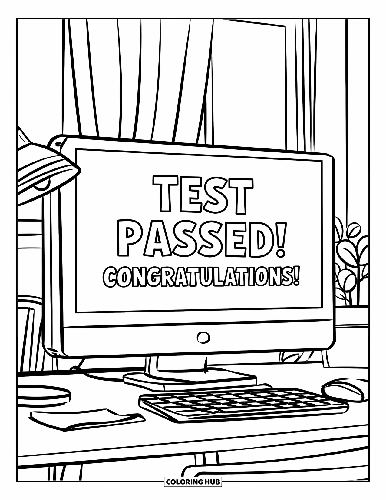 Congratulations Coloring Page for Kids: Computer screen reads "Test Passed! Congratulations!" in a cozy room with desk and plant