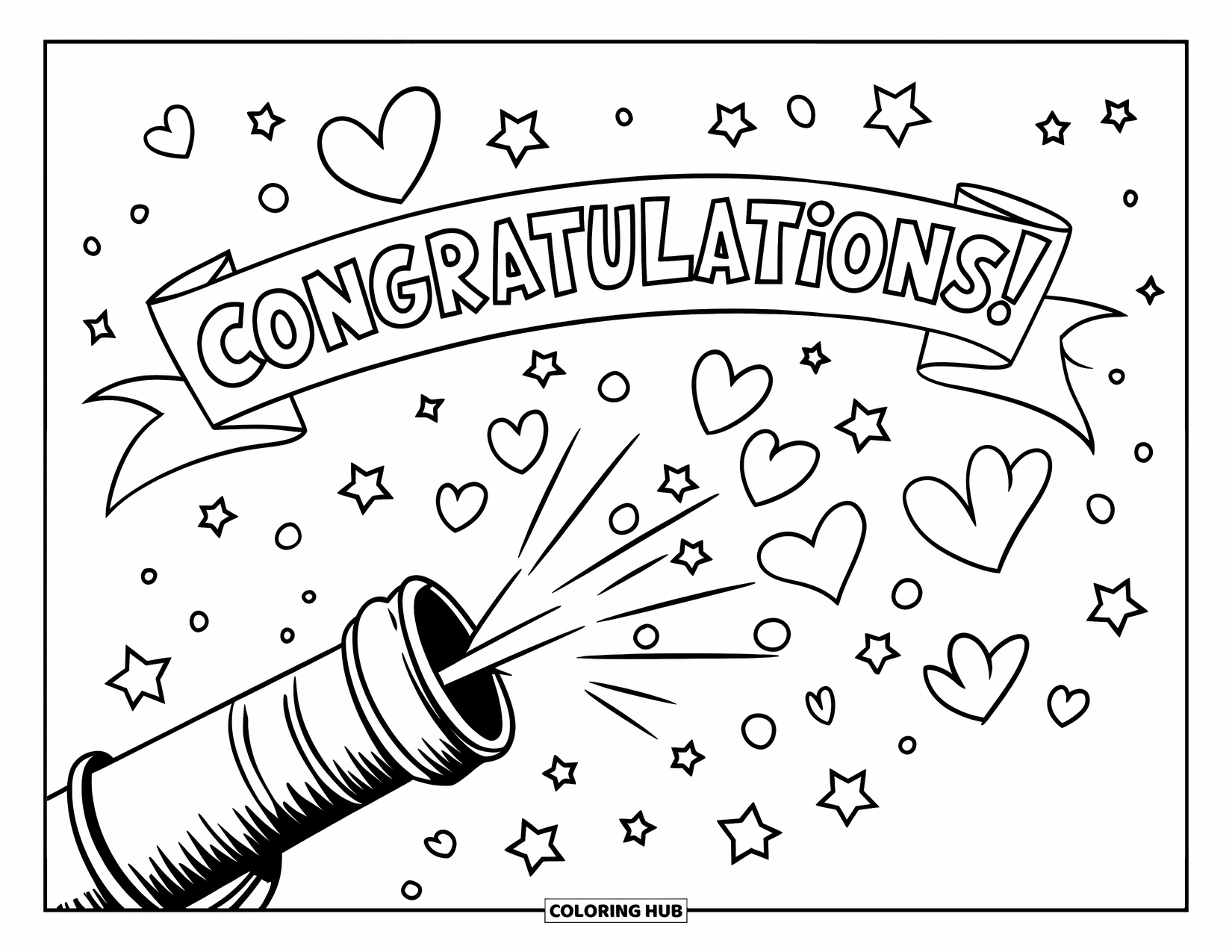 Congratulations Coloring Page for Kids: Confetti cannon blasts out the word Congratulations with stars and shapes