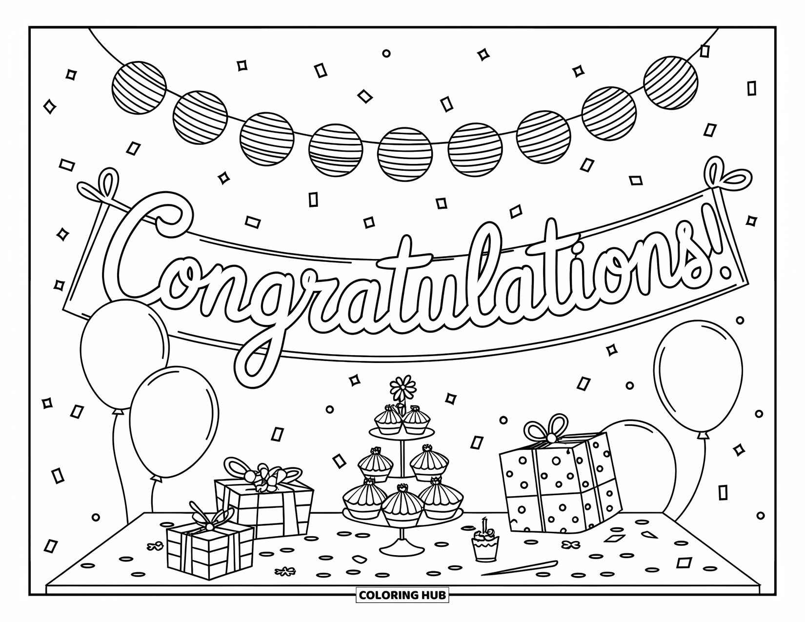 Congratulations Coloring Page for Kids: Confetti, lanterns, and a cute banner say Congratulations in this party setup