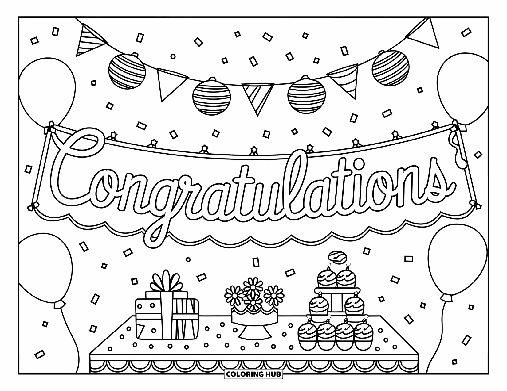 Congratulations Coloring Page for Kids: Congratulations banner with balloons, cupcakes, presents, and confetti in a party scene