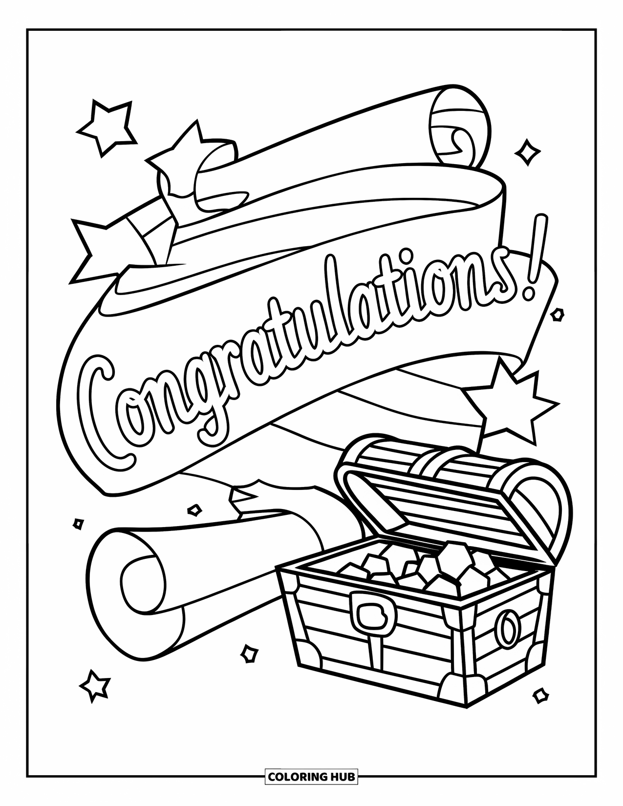 Congratulations Coloring Page for Kids: Diploma scroll with stars, cap, and even a treasure chest says Congratulations