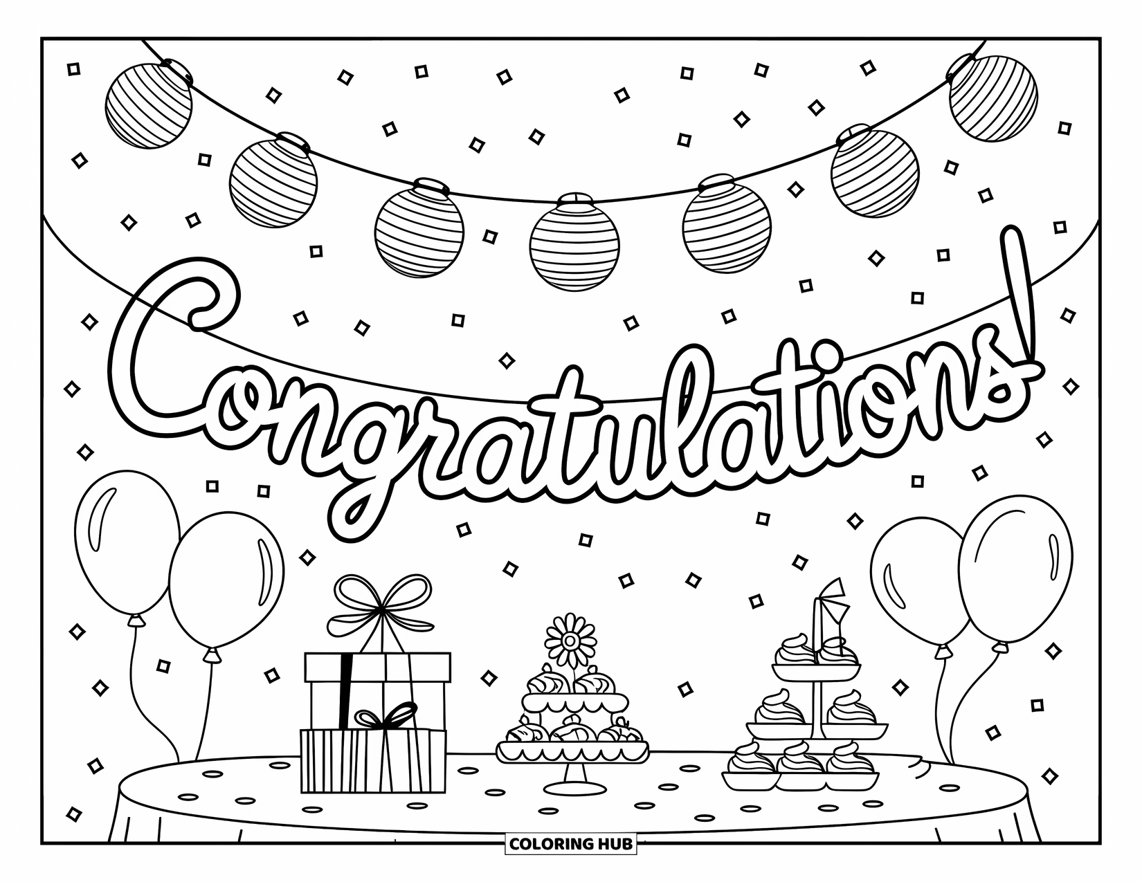 Congratulations Coloring Page for Kids: Festive table with cupcakes and gifts under a Congratulations banner and paper lanterns