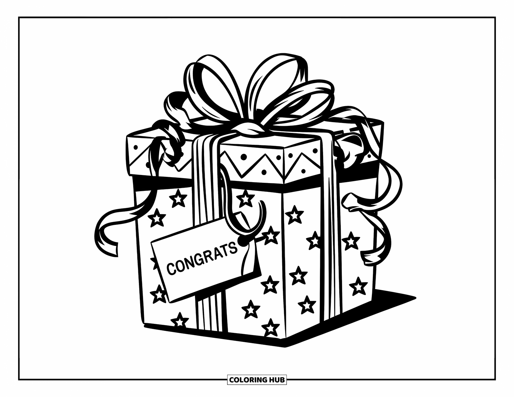 Congratulations Coloring Page for Kids: Gift box with a Congrats tag and cute star pattern sits with streamers