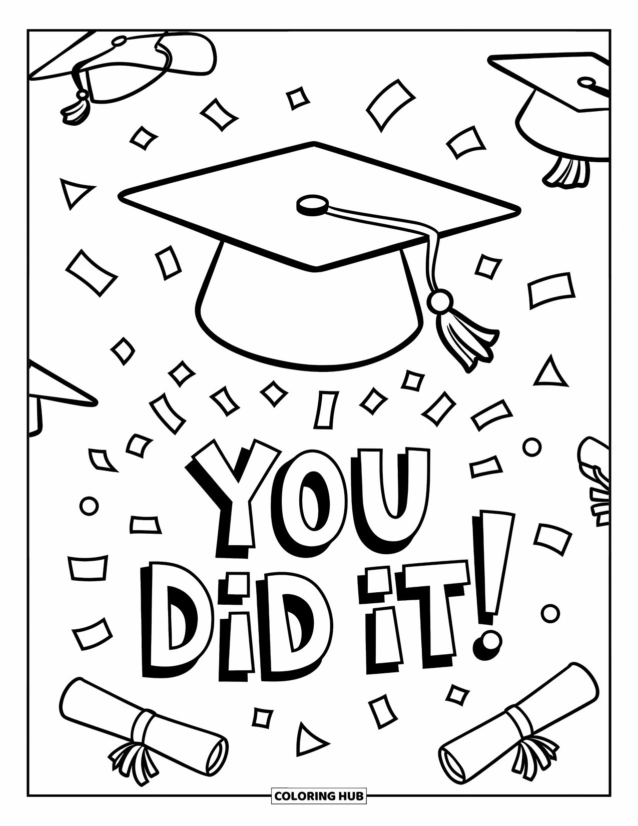 Congratulations Coloring Page for Kids: Graduation caps and diplomas float behind a big You Did It! message