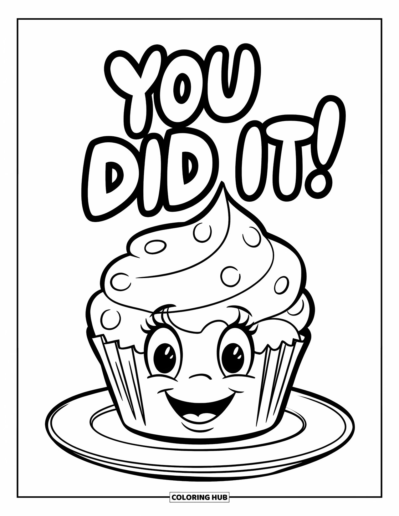 Congratulations Coloring Page for Kids: Happy cupcake says You Did It! with sprinkles and a cute plate