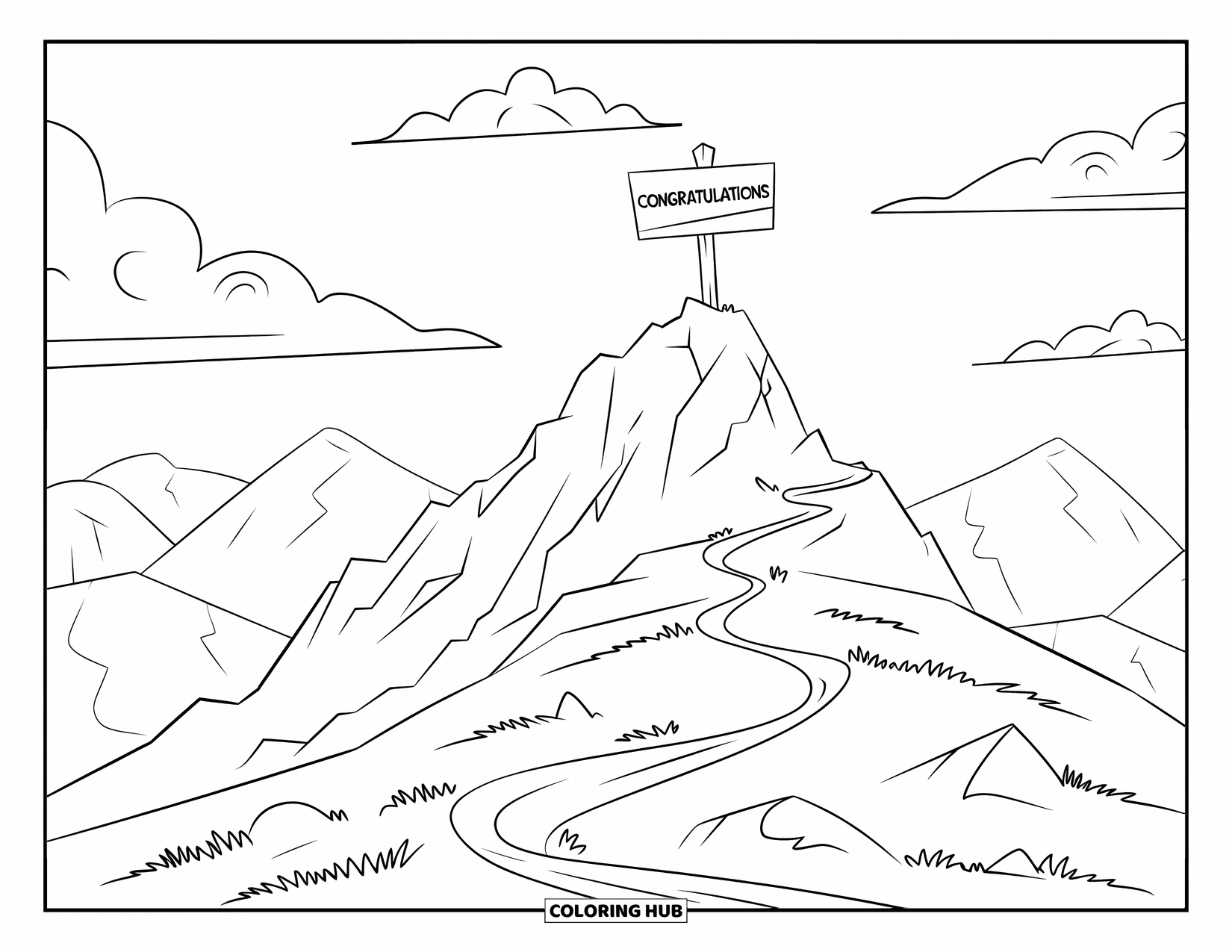 Congratulations Coloring Page for Kids: Hiking trail leads to a mountaintop sign that says Congratulations