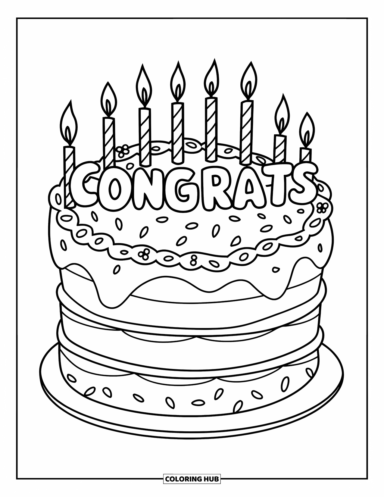 Congratulations Coloring Page for Kids: Layered cake with sprinkles and Congrats candles celebrates sweet success