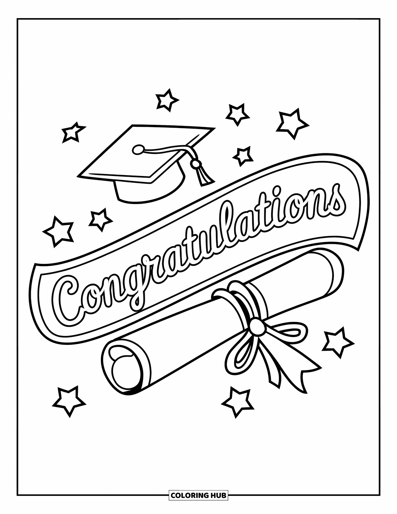 Congratulations Coloring Page for Kids: Scroll with stars, ribbon, and graduation cap reads Congratulations in bold script