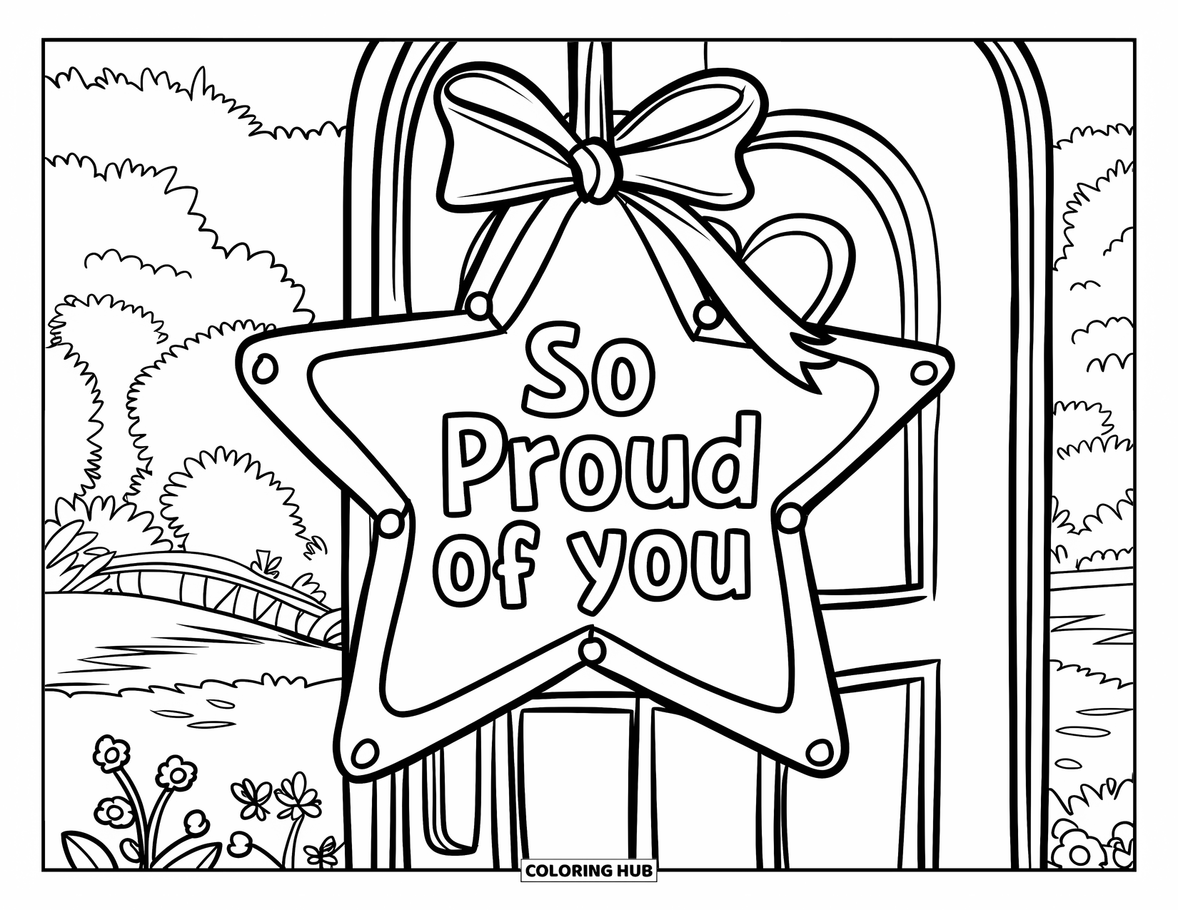 Congratulations Coloring Page for Kids: So Proud of You hangs inside a wreath on a door with a sweet garden view