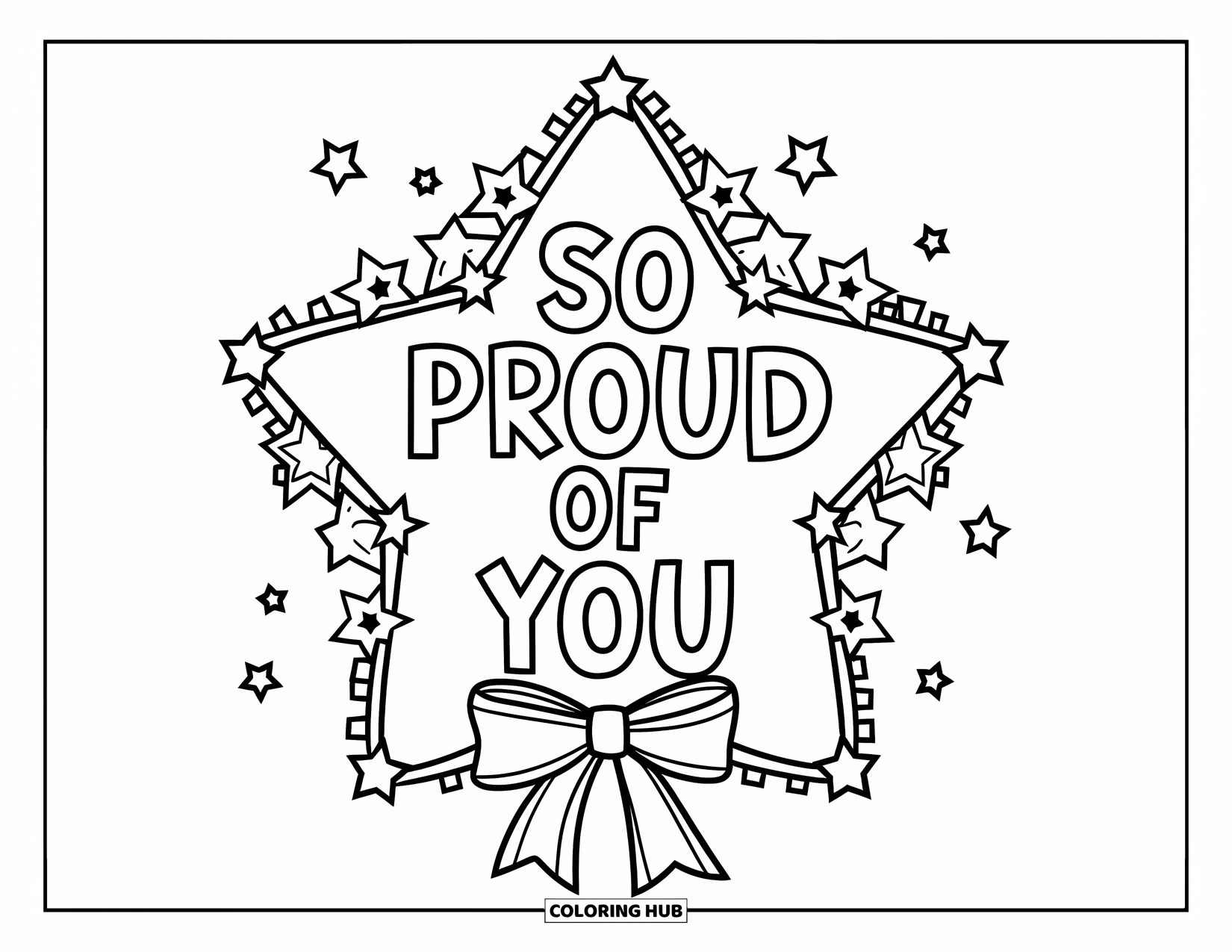 Congratulations Coloring Page for Kids: Star-shaped wreath says So Proud of You with a ribbon at the bottom