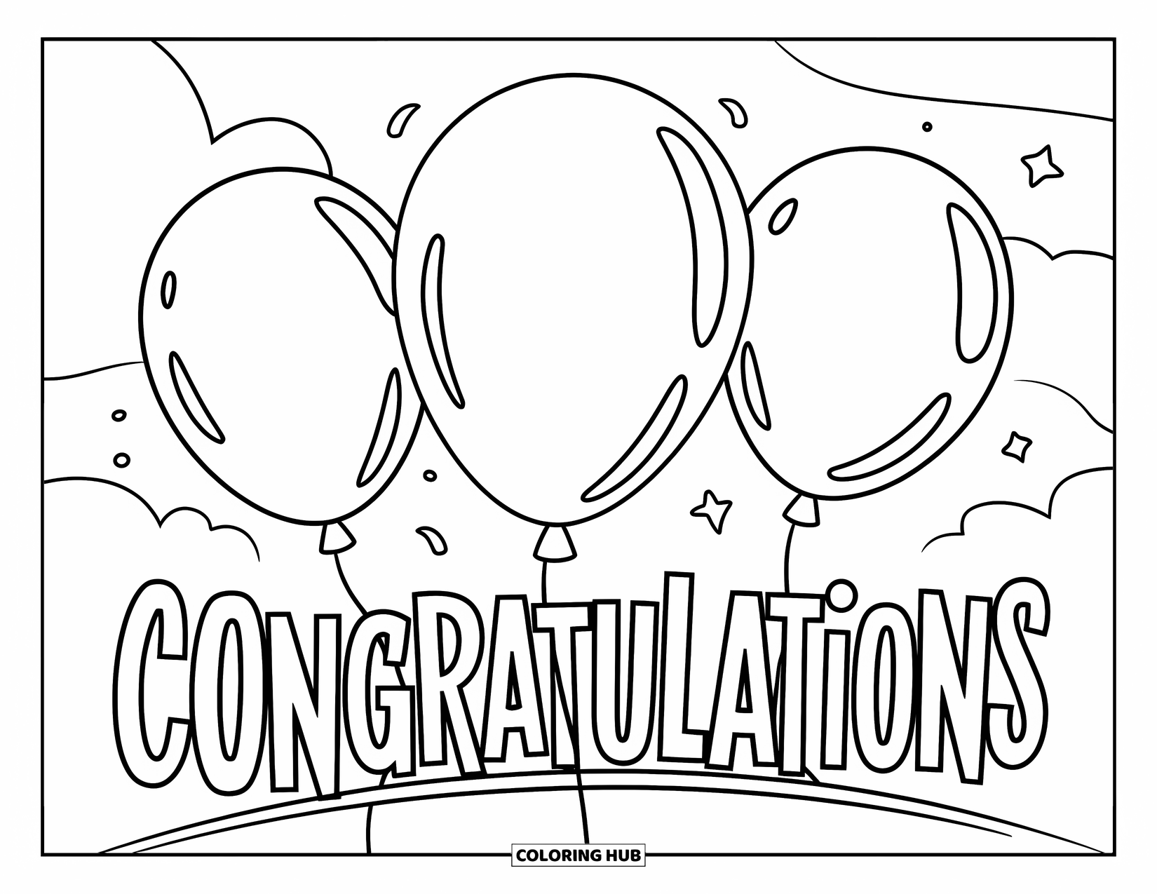 Congratulations Coloring Page for Kids: Three floating balloons surround a big, bubbly Congratulations message